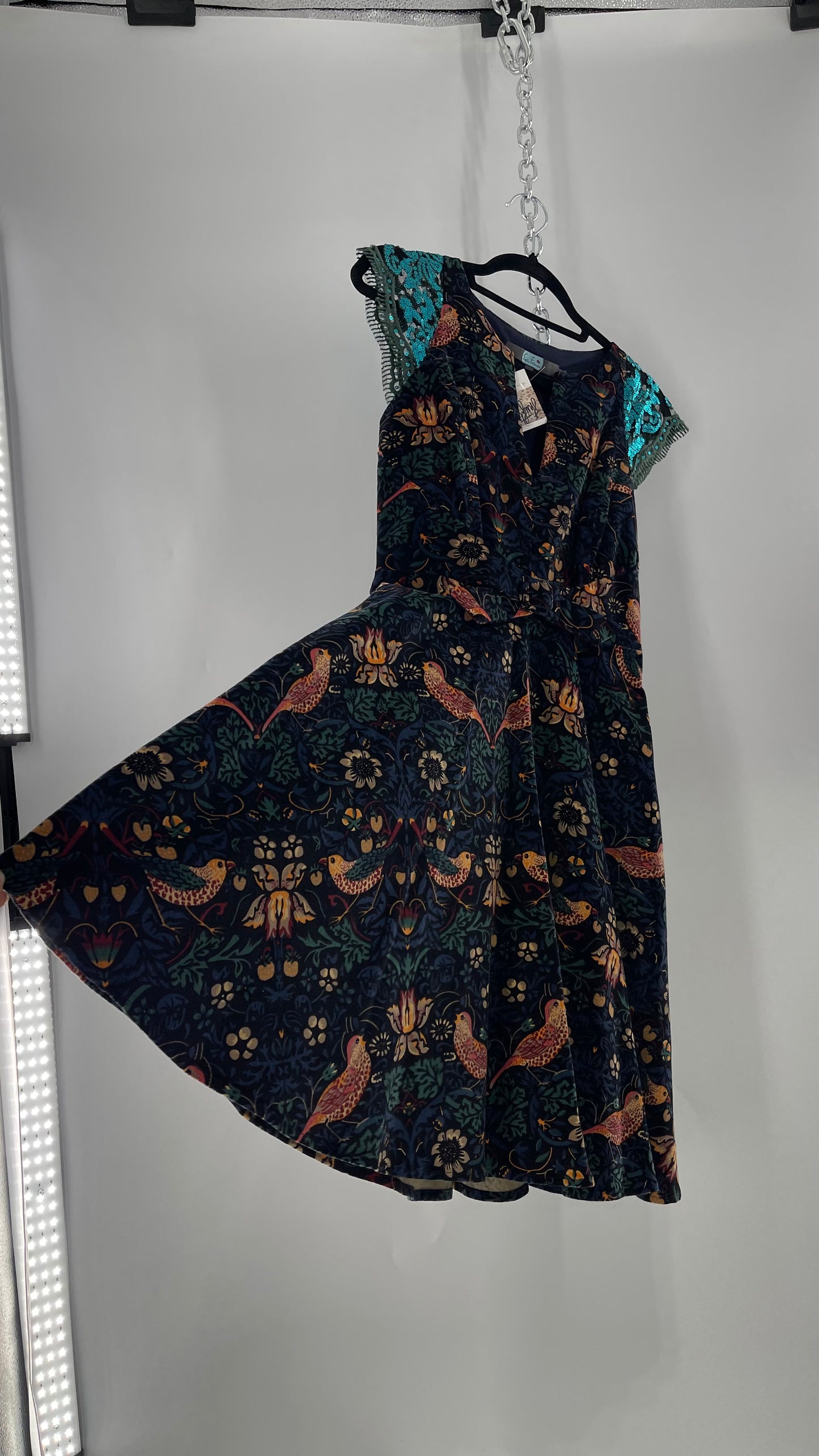 Anthropologie Eva Franco Corduroy Floral Bird Tapestry Print Dress with Sequin Cap Sleeves (4)