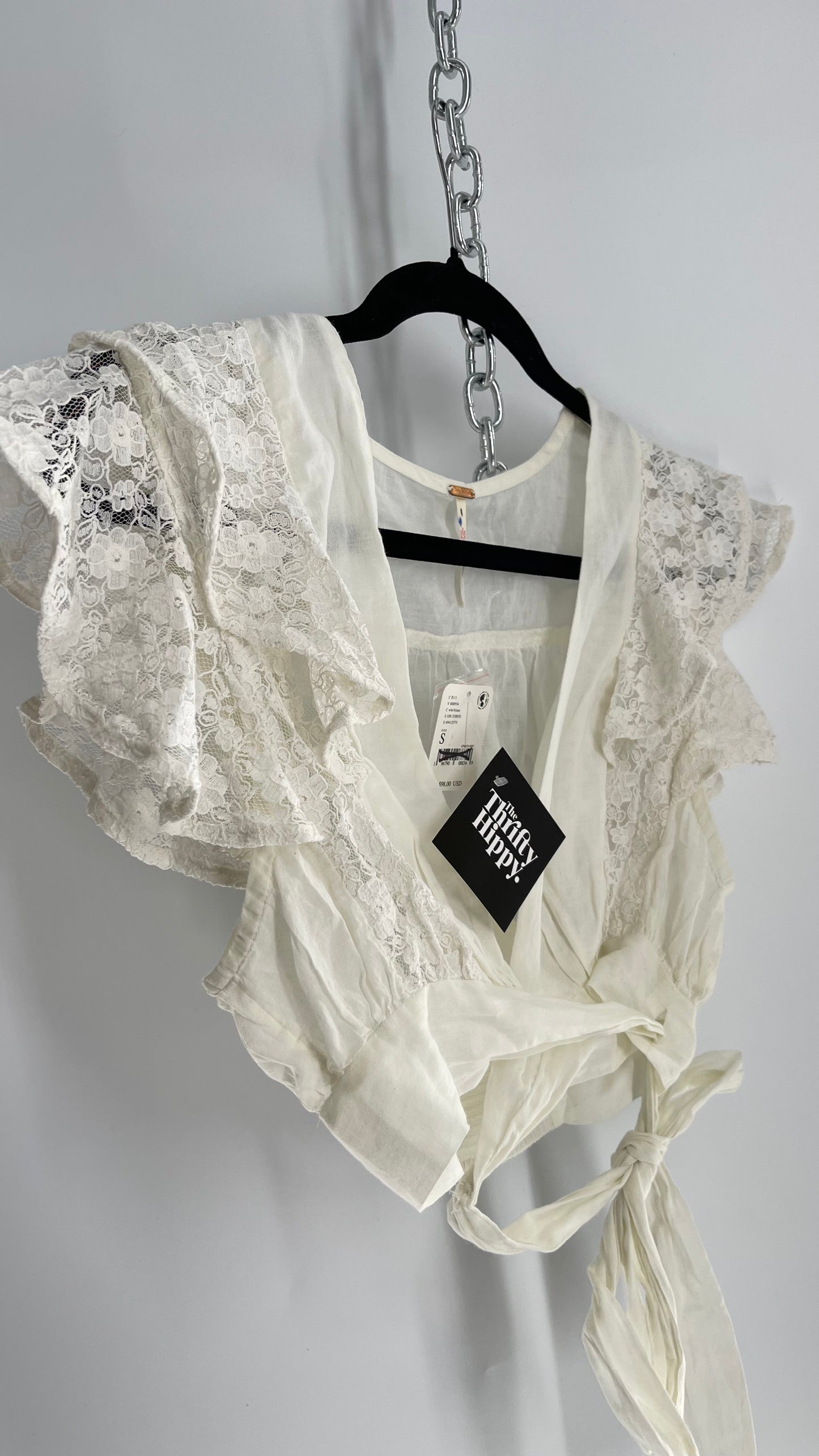 Free People Off White Cotton Tie Around Top with Lace Sleeve Detail and Tags Attached (Small)