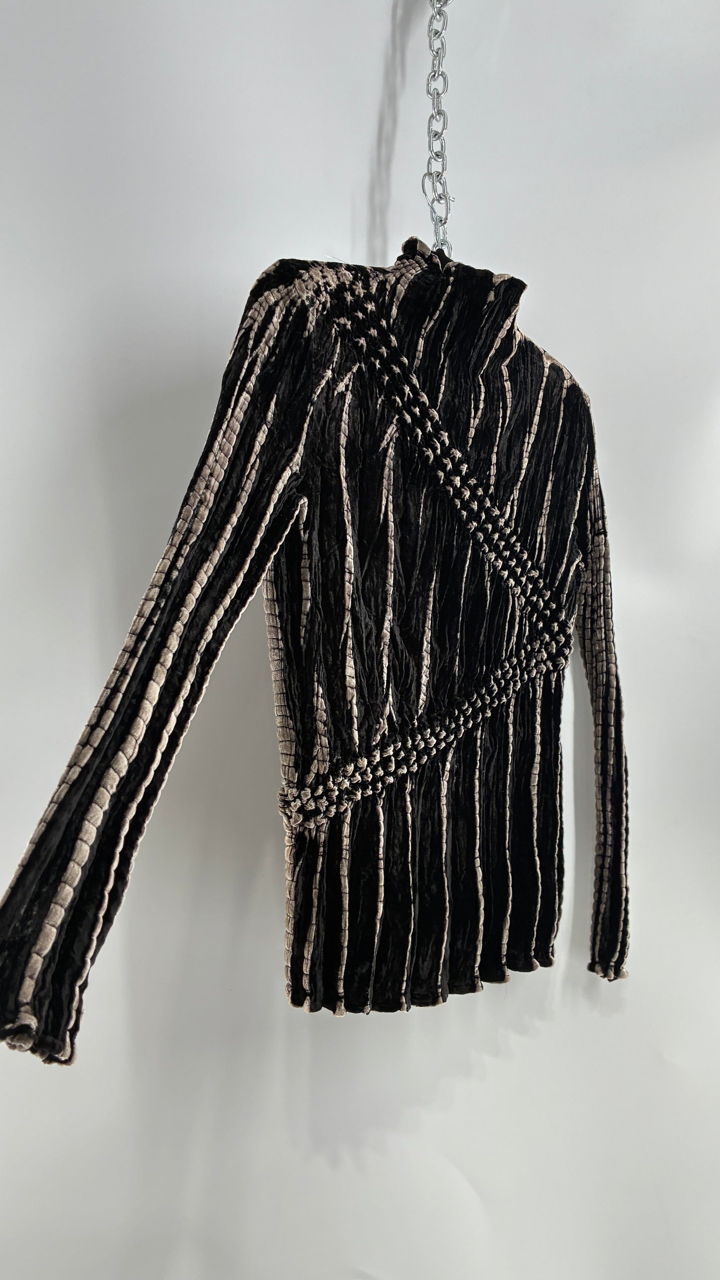 Vintage 1990s Crushed Velvet Black and Beige High Neck Blouse (Small)