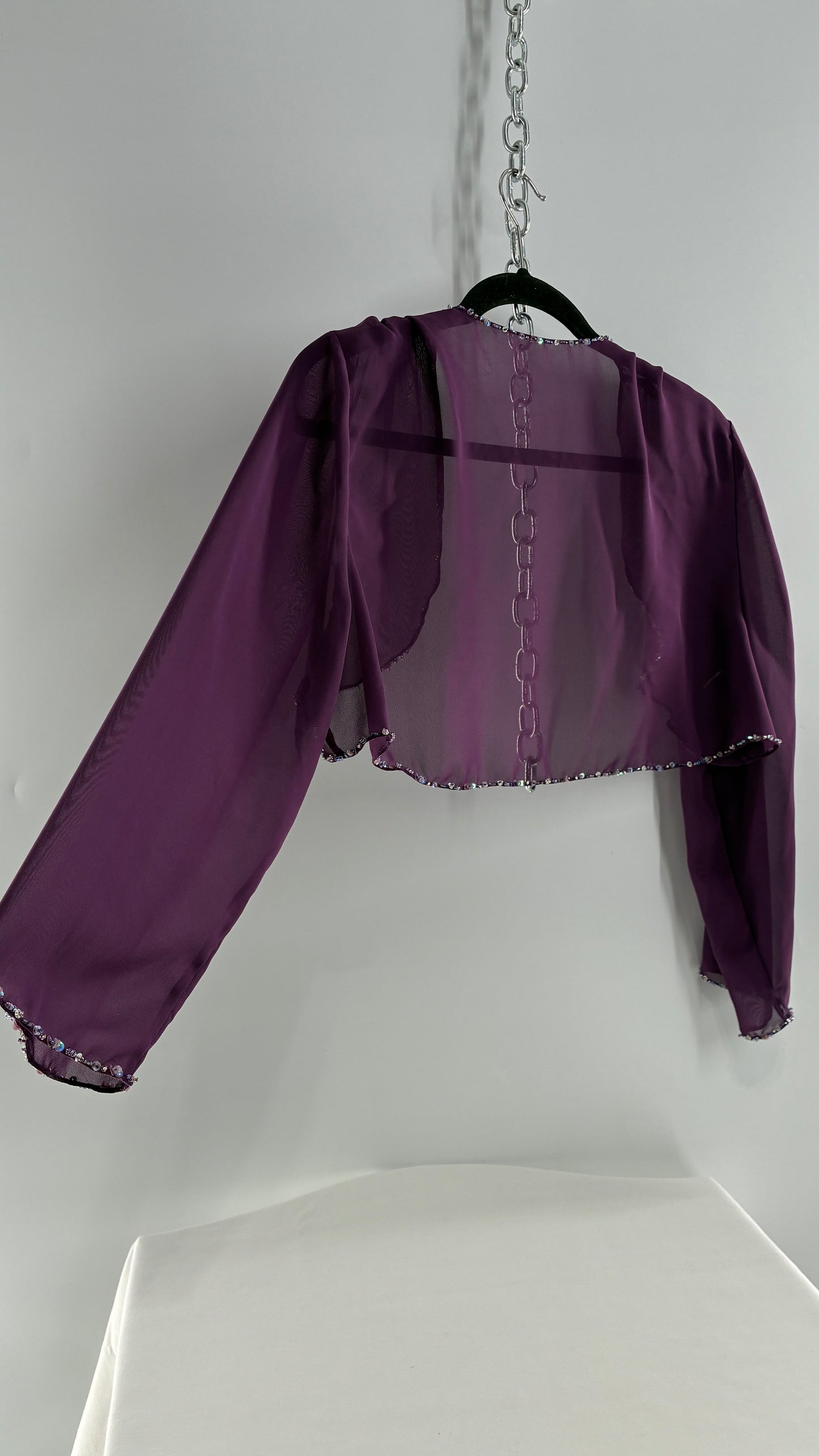 Vintage 1990s Purple Sheer Shrug with Iridescent Beaded Cuffs and Hem (M/L)