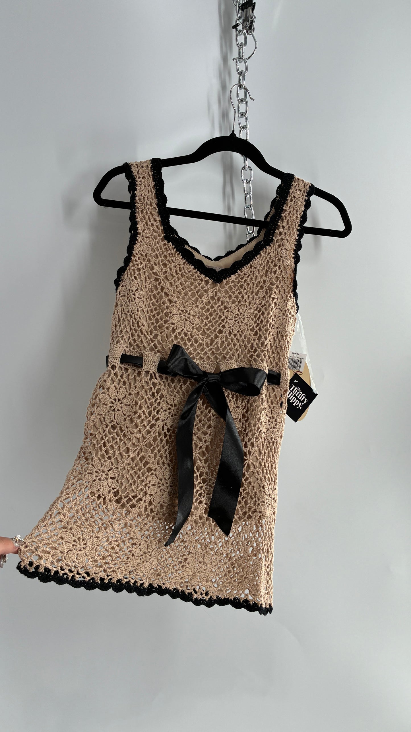 Deadstock Vintage GLIMMER Crochet Black Trim Long Tank with Black Satin Ribbon (Large)