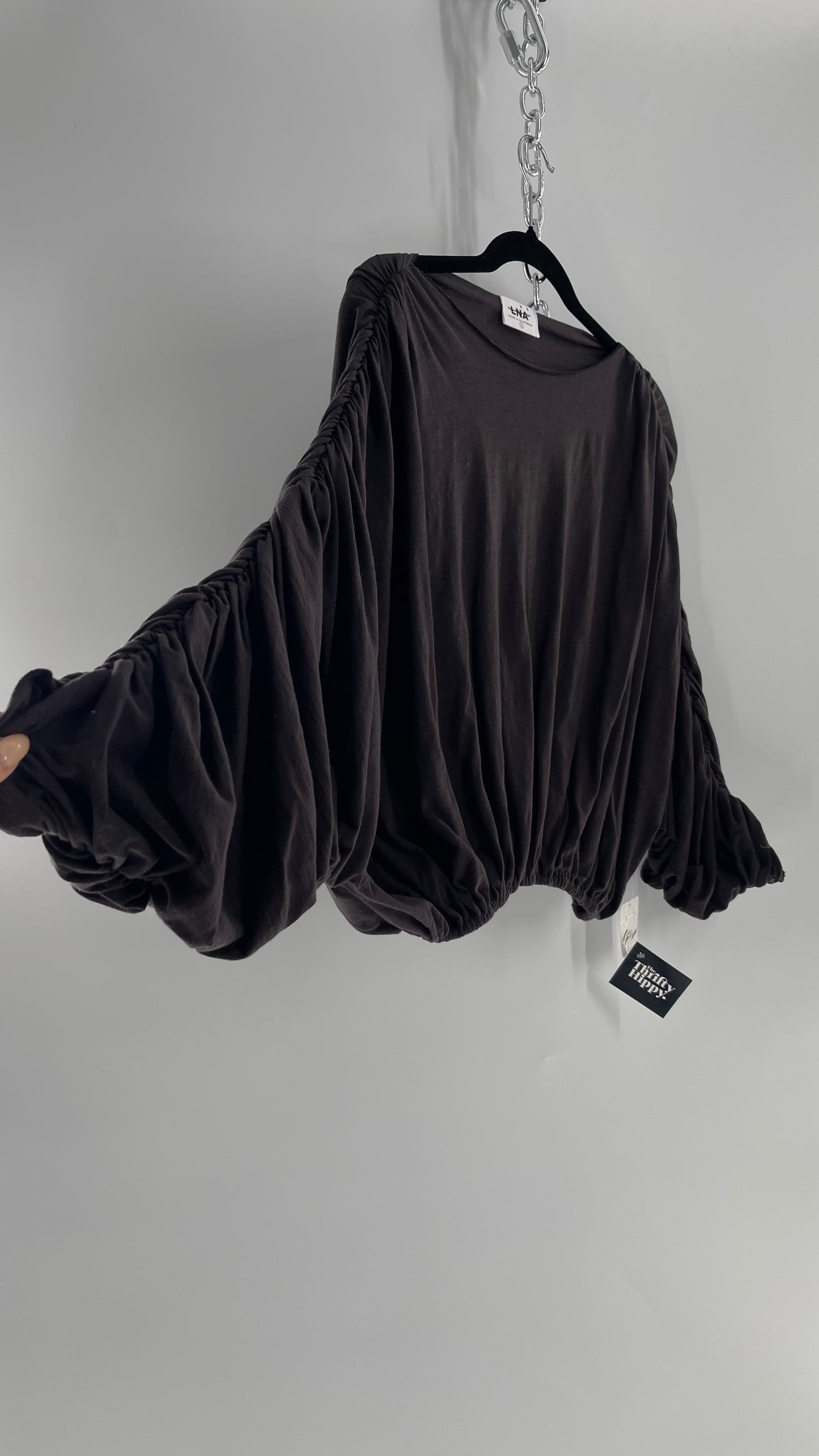 LNA California Made Free People Distopian Dark Grey Drape, Slouchy Ruched Long Sleeve with Tags Attached (Small)