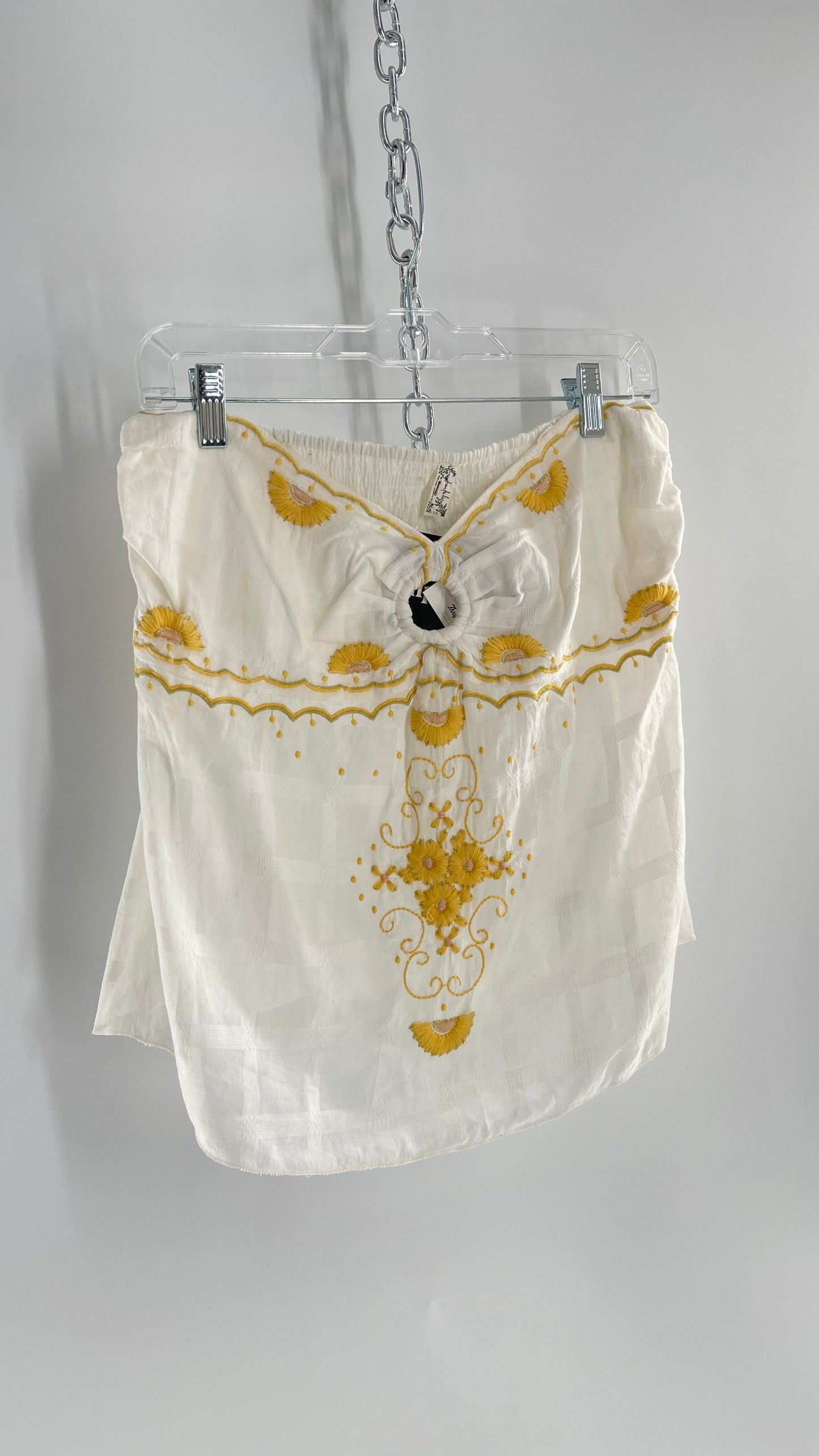 Intimately Free People White Cotton Tube Tank with Yellow Embroidered Detailing (L)