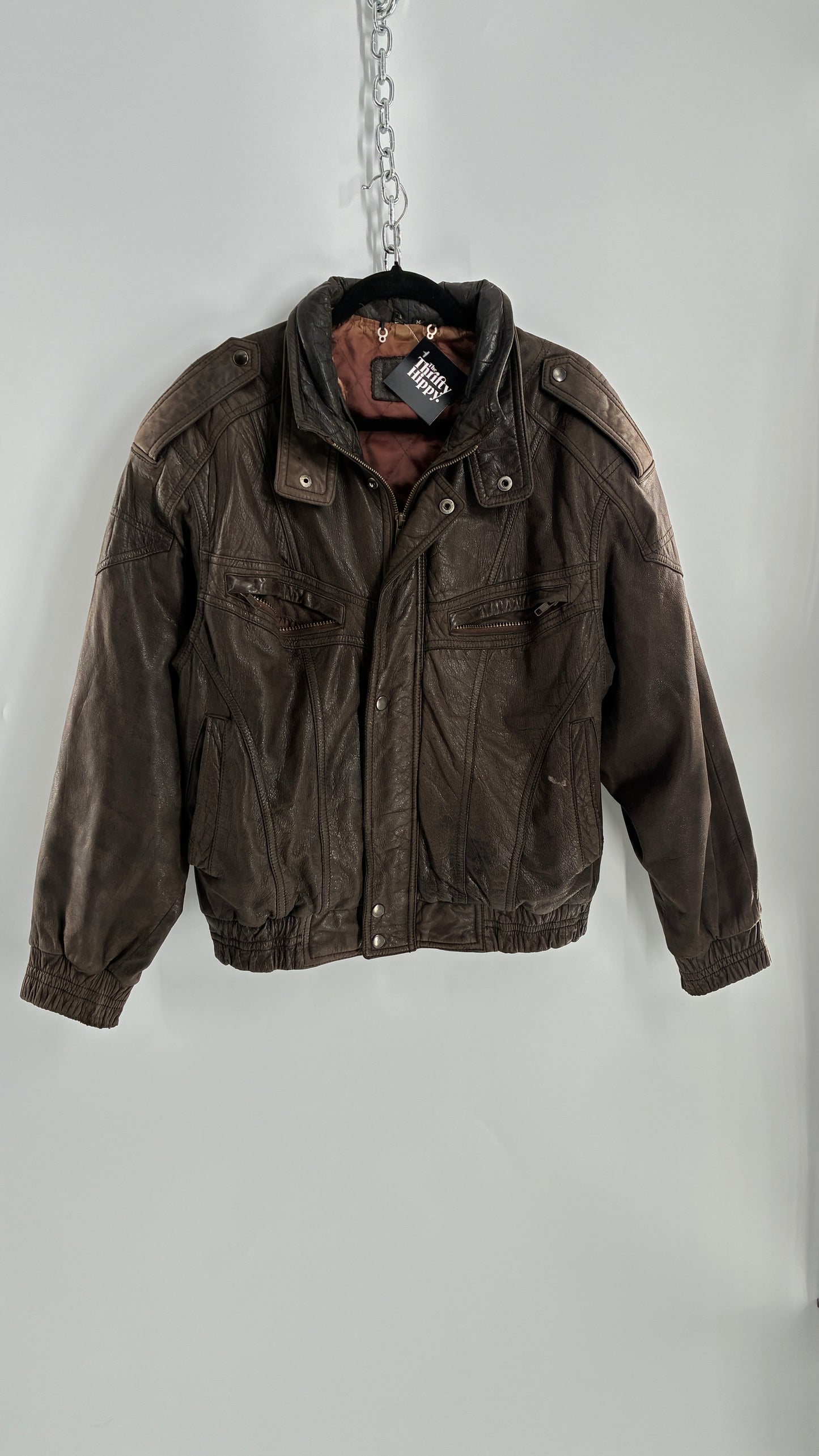 Vintage SAXONY Distressed Leather Bomber Jacket (Medium)