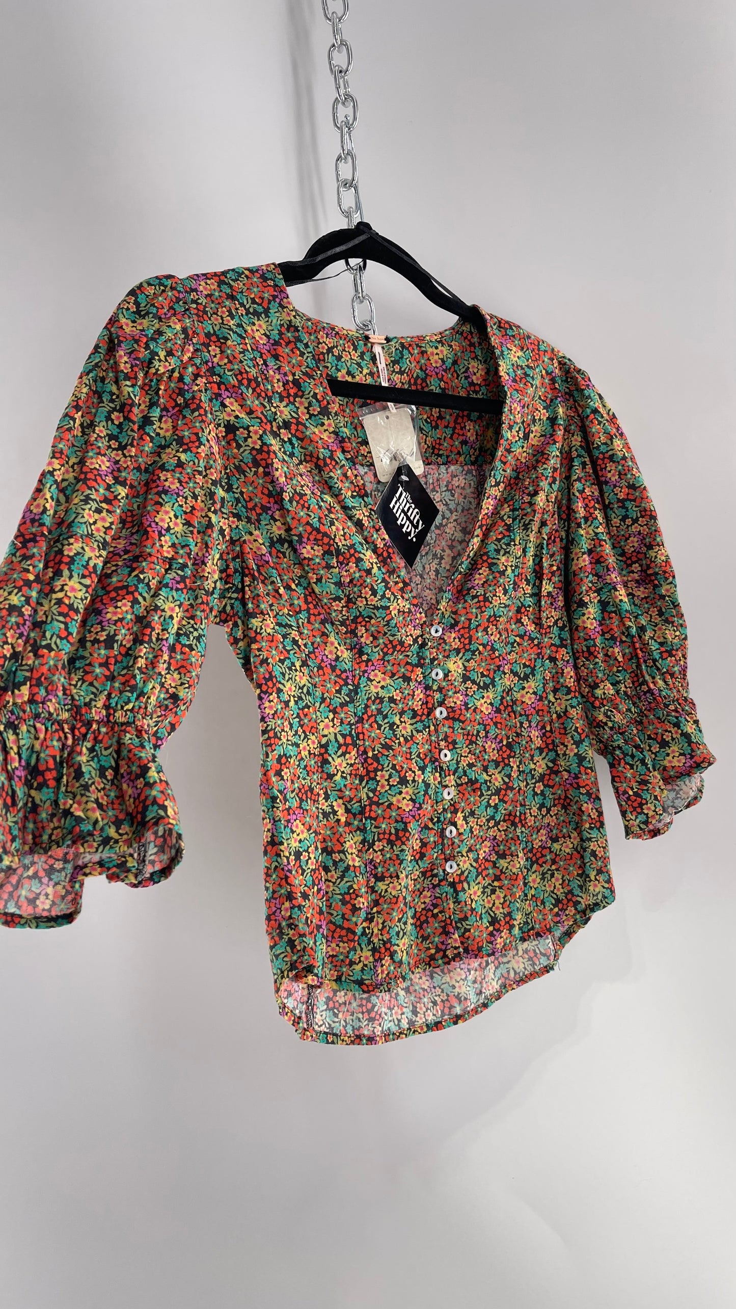 Free People 100% Cotton Colorful Florals Blouse with Deep V, Puff Sleeves, Button Front, and Tags Attached (Small)