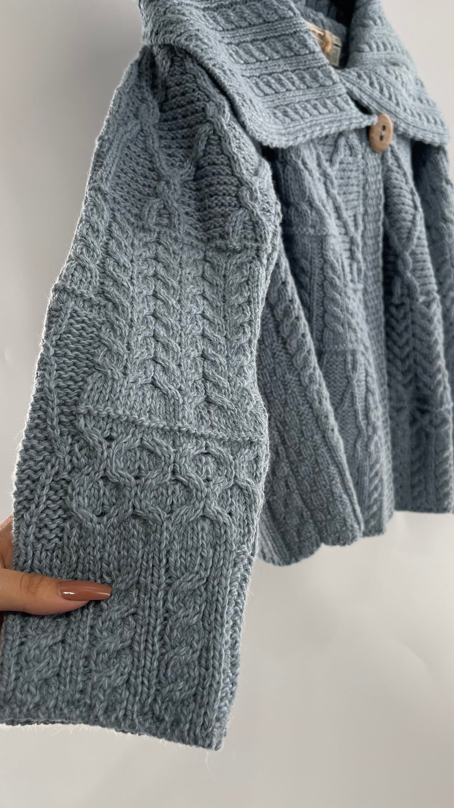 Authentic Irish Aran Sweater Market Slate Blue Aran Stitch Sweater with Oversized Wooden Button Detail and Certificate of Authenticity (Small)