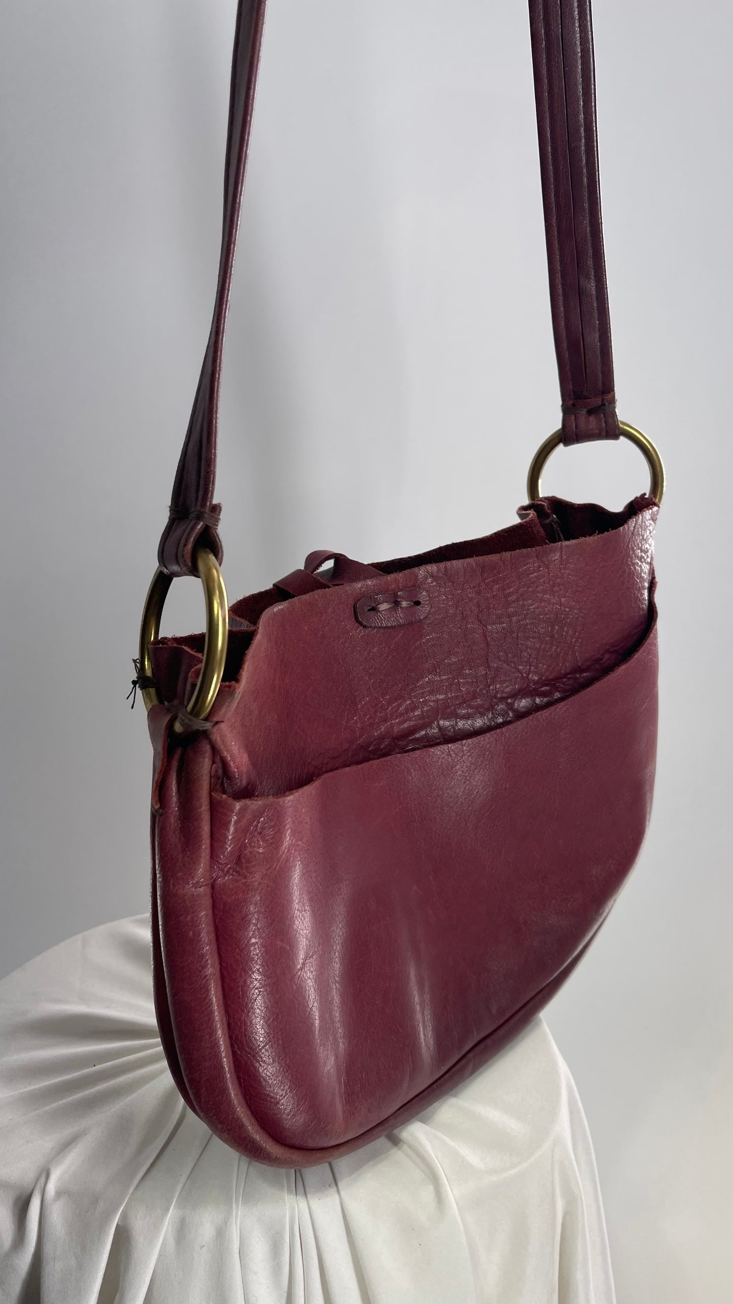 Vintage Burgundy Leather Saddle Bag with Gold Hardware