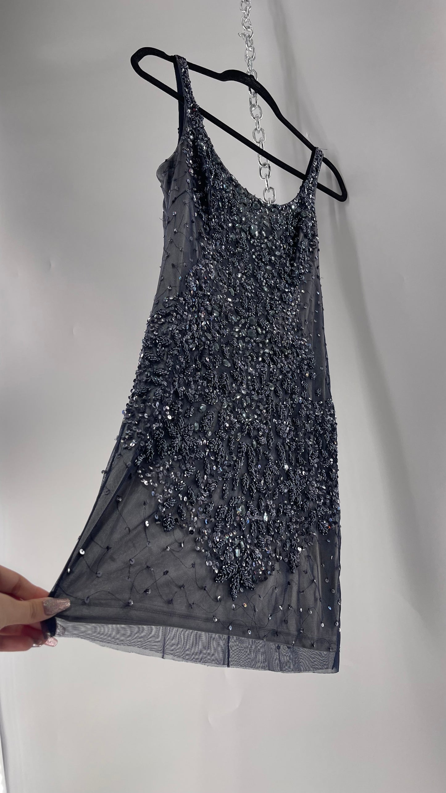 Vintage Cache Moonlight Grey/Navy Blue Tunic Mini Dress with Accentuating Placement of Beads, Sequins and Embroidery Details (2)