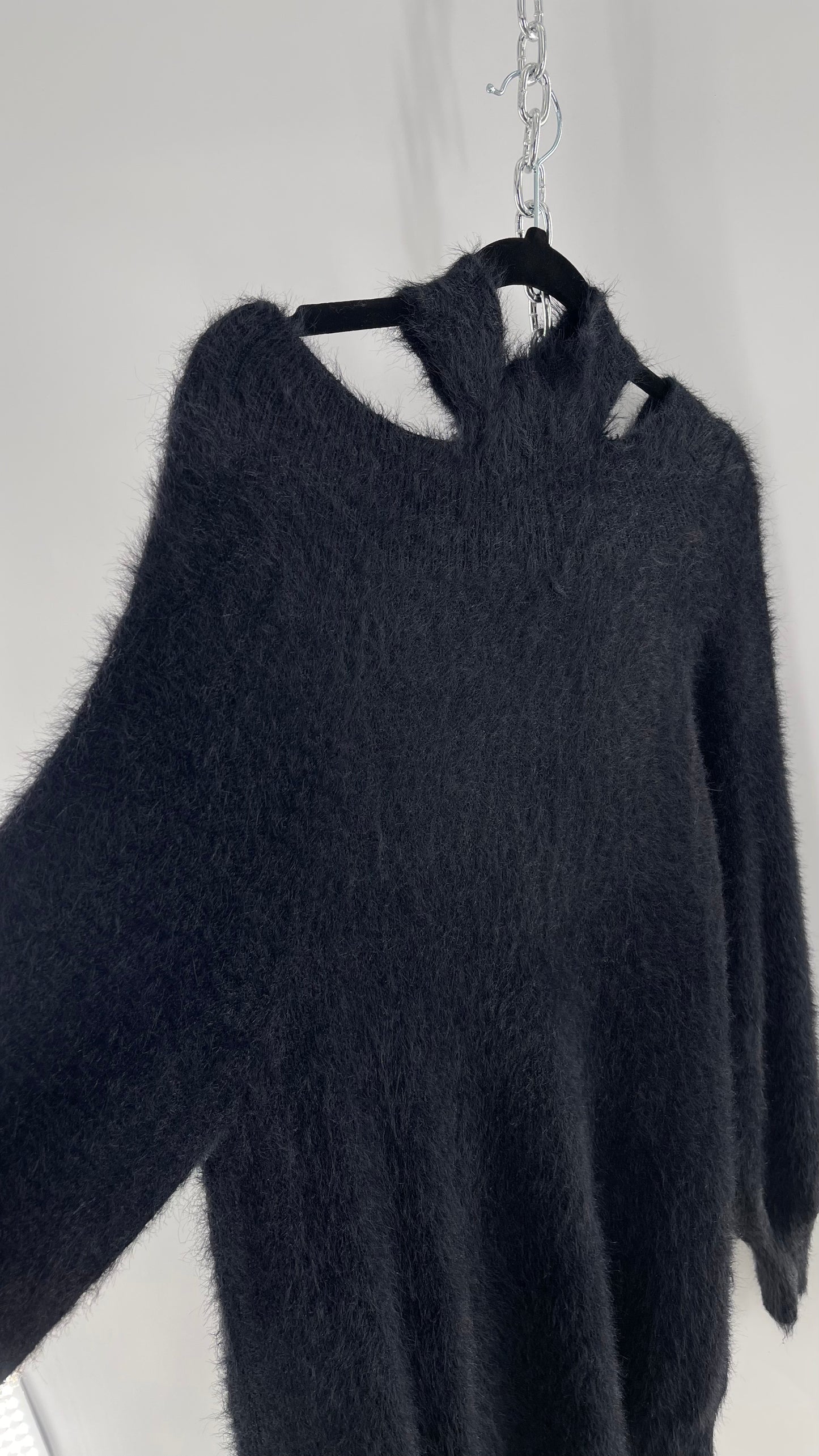 Callahan Black Fuzzy/Shaggy Slouchy Sweater with Choker Neckline Detail (Small)