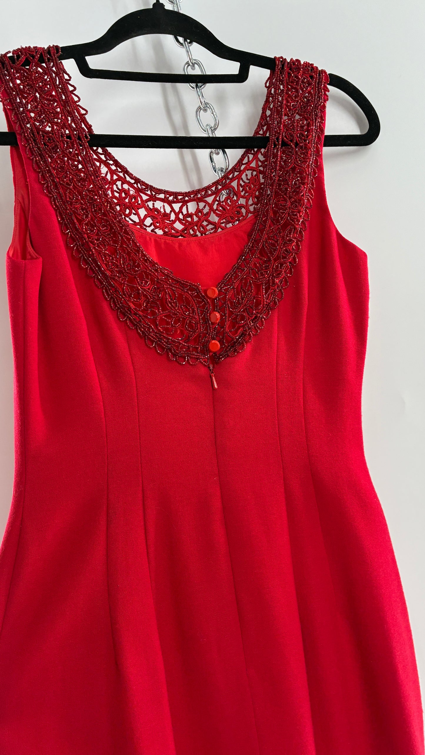 Vintage CARMEN MARC VALVO Red 100% Fitted, Tailored Wool Dress with Beaded Hem and Neckline (6)