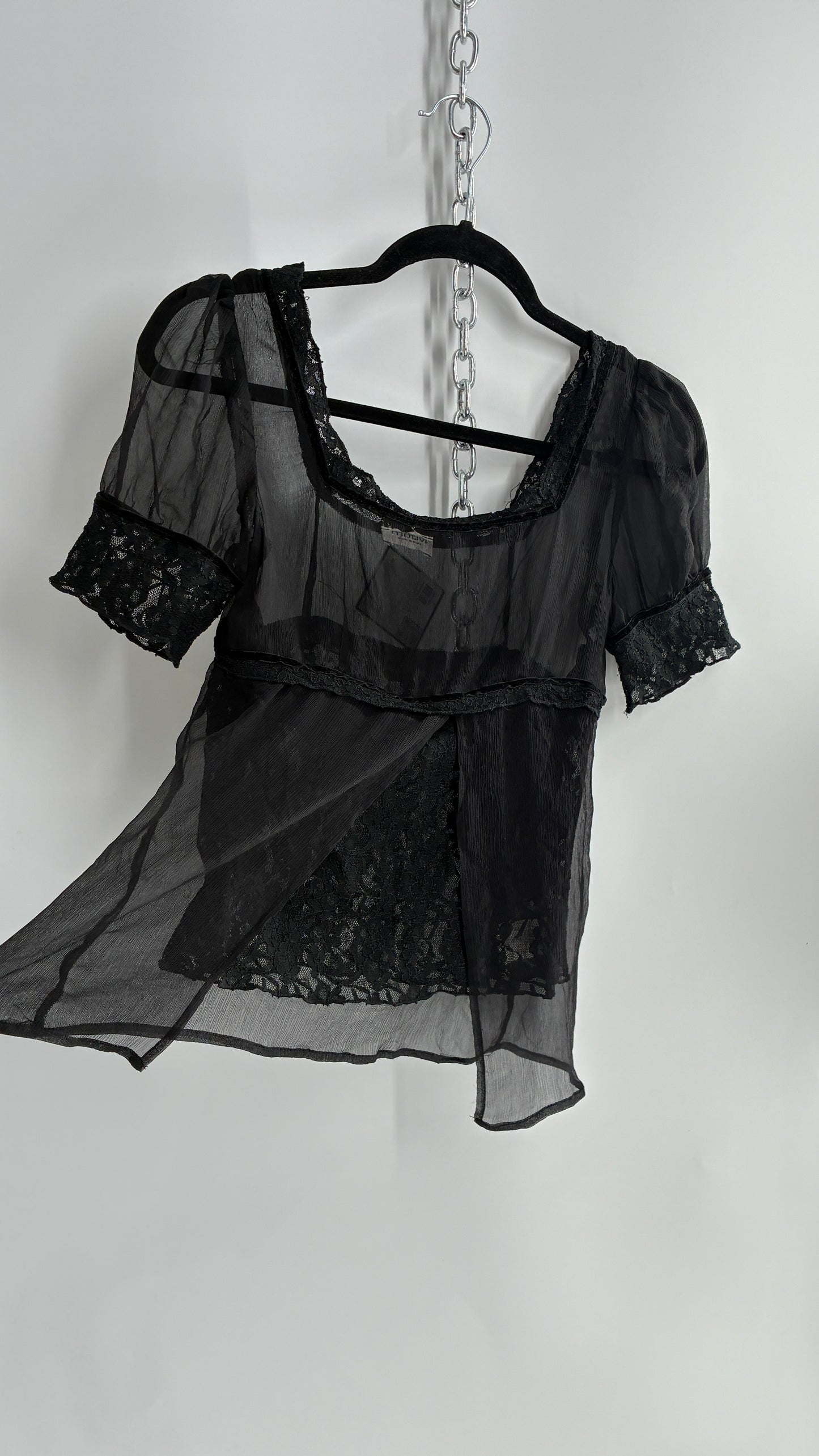 Vintage MÖTIVI Pure Silk Blouse with Lace Bodice, Vented Detail and Velour Trim (4)