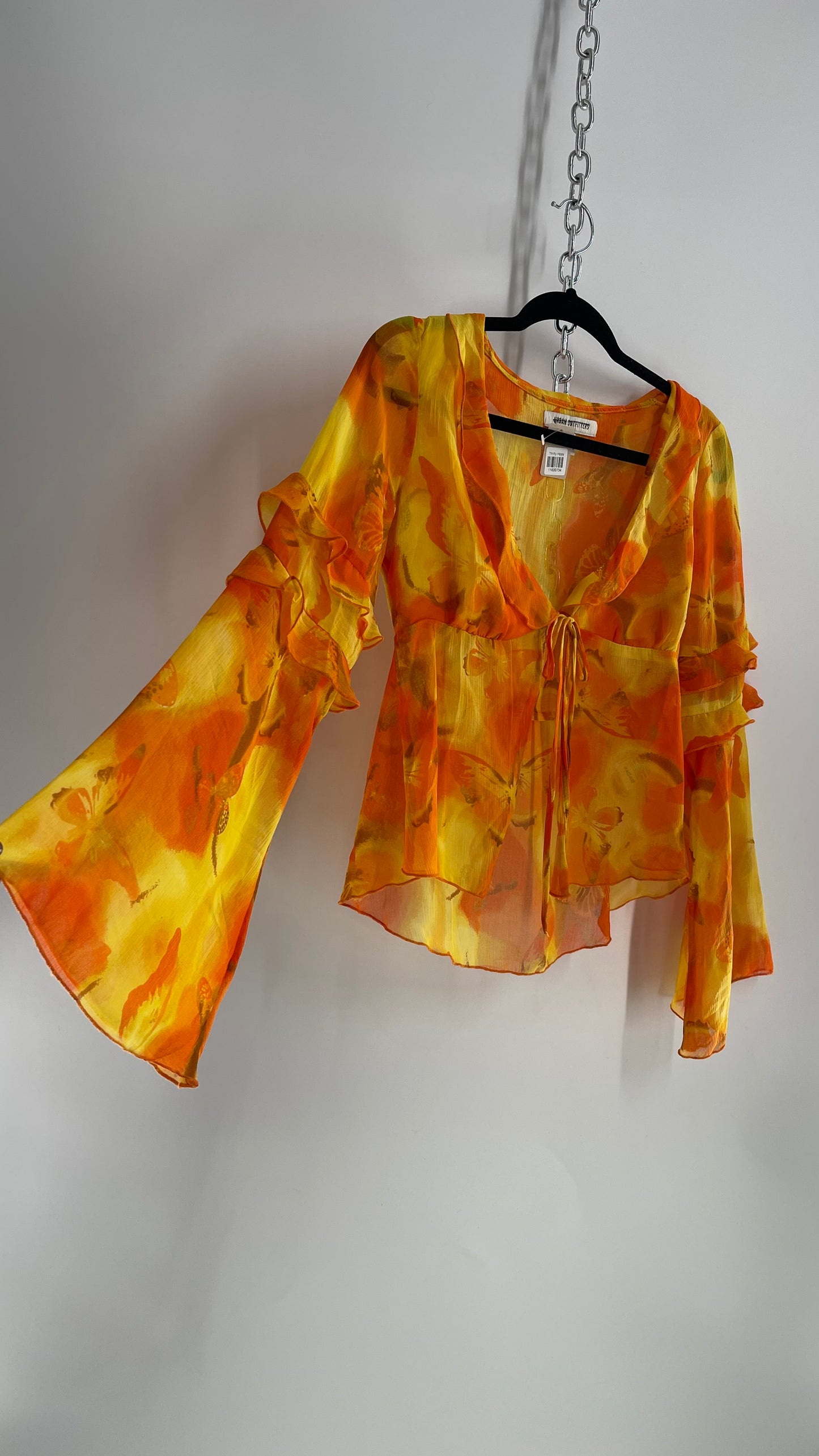 Urban Outfitters Orange Yellow Tie Bust Bell Sleeve Blouse (Small)