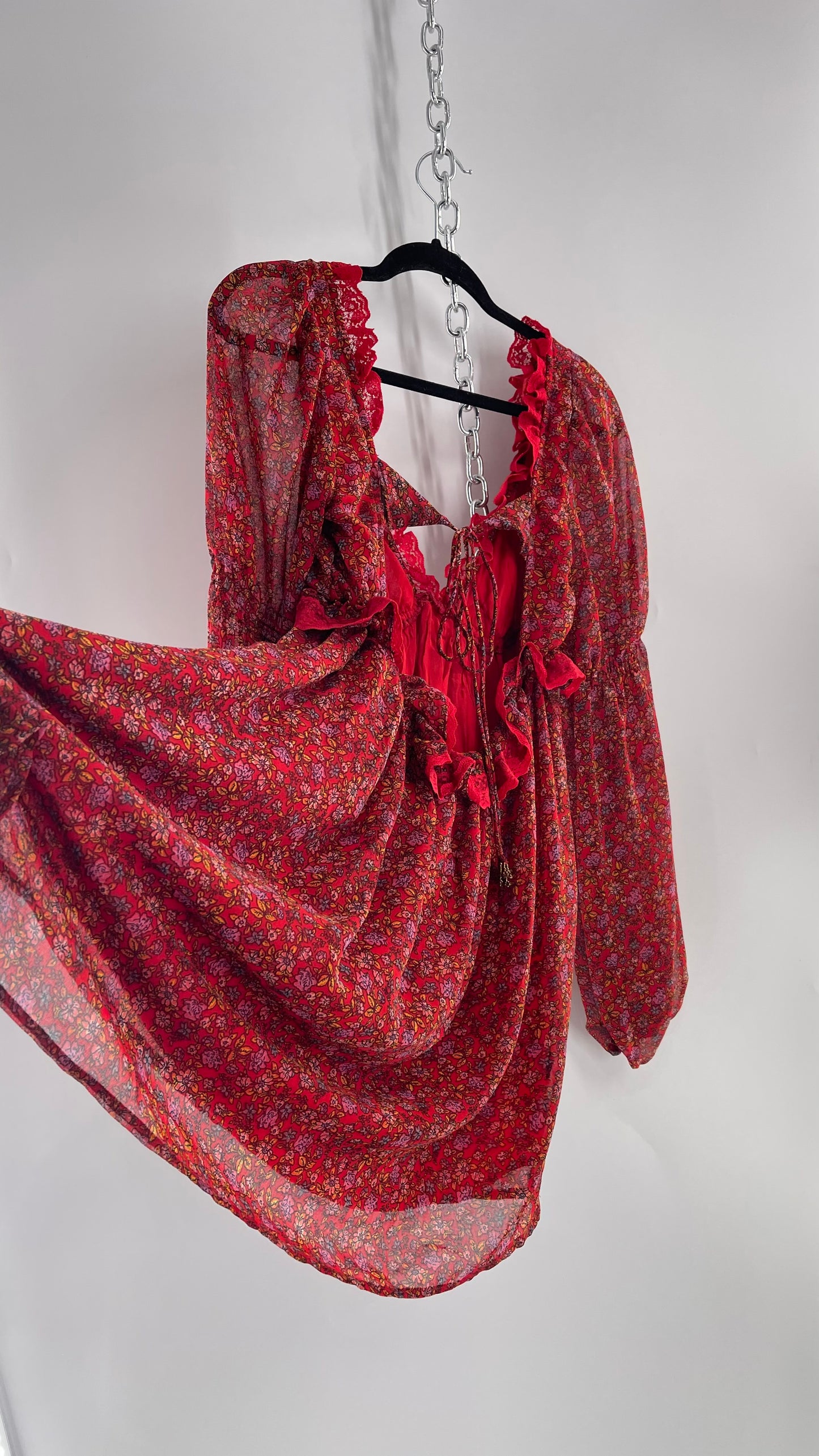 Free People Red Floral Mini Dress with Lace Trim, Open Back and Balloon Sleeves (Small)
