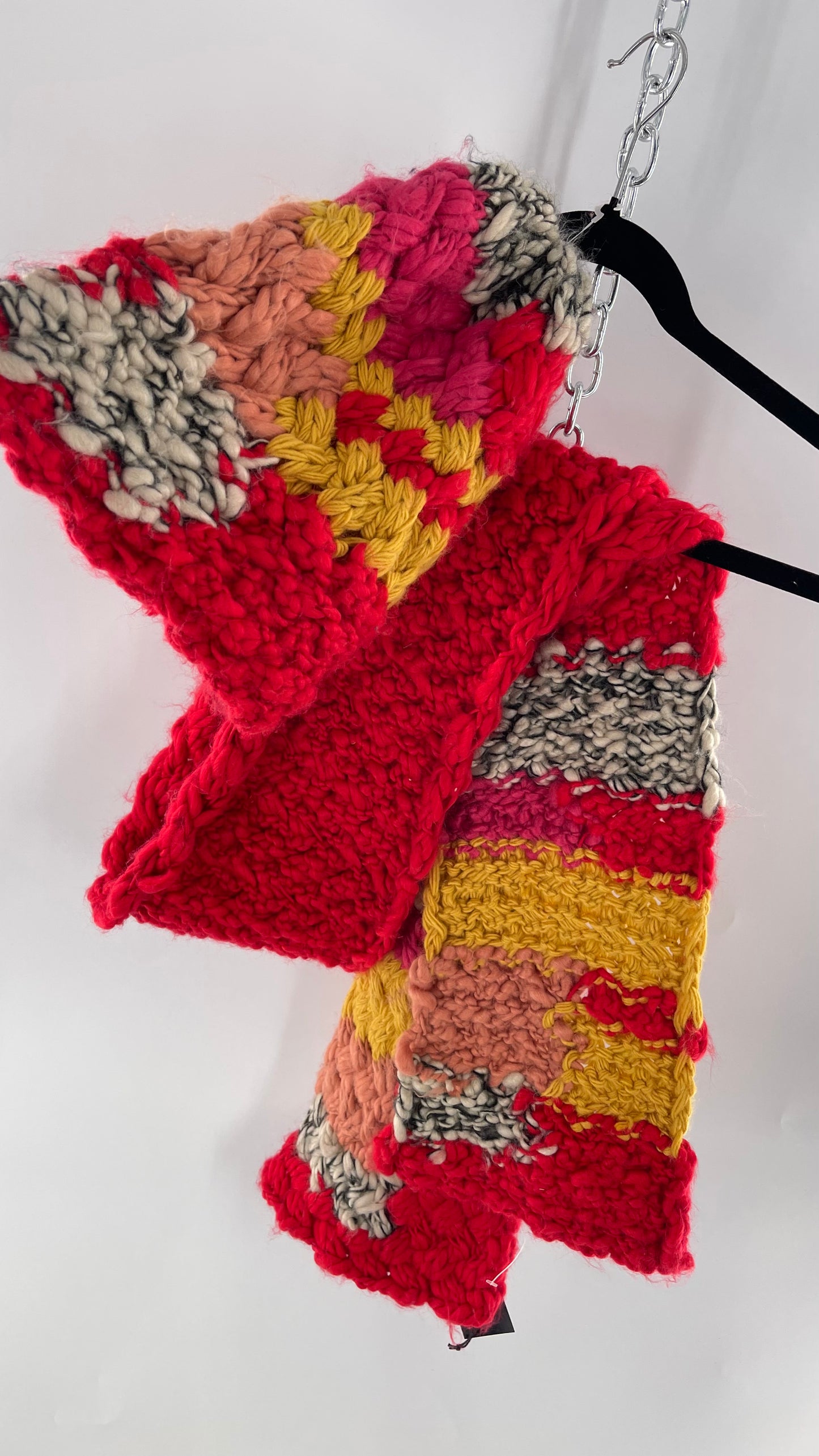 Anthropologie Hand Knit Red/Peach/Yellow Scarf and Beanie Set