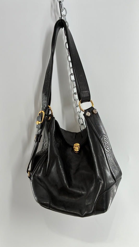 Vintage MARINO ORLANDI Black Leather Purse Made in Italy with Gold Embossed Hardware