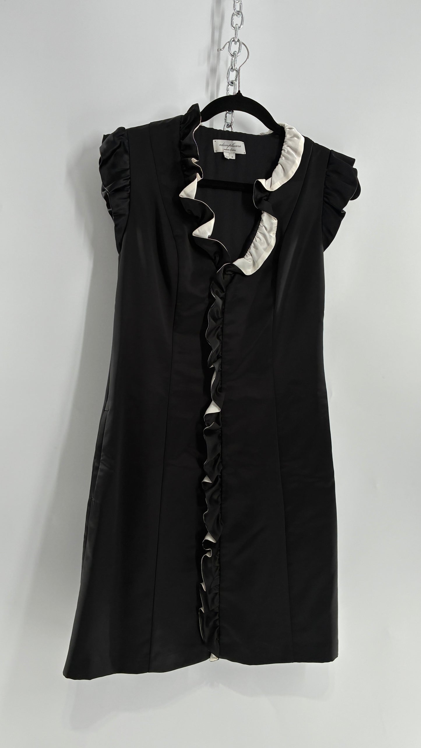 Vintage ADAM PLUS EVE Adam Lippes 58% Wool Black Paneled, Tailored Dress with White Ruffles (6)