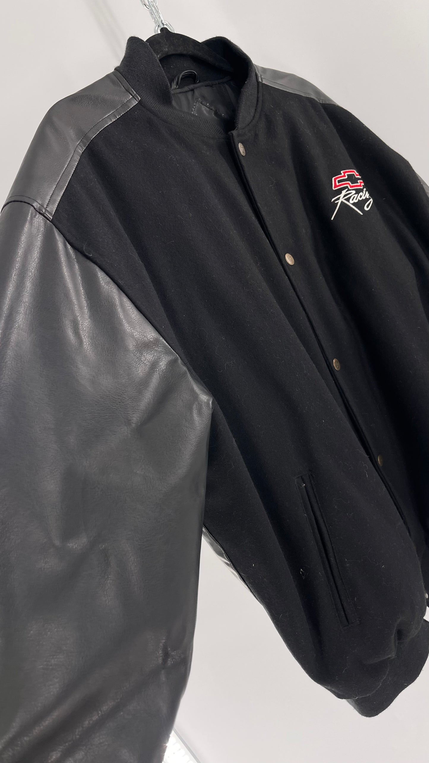 Vintage Chevy Racing Varsity Bomber Jacket with Red Logo Embroidery (Large)