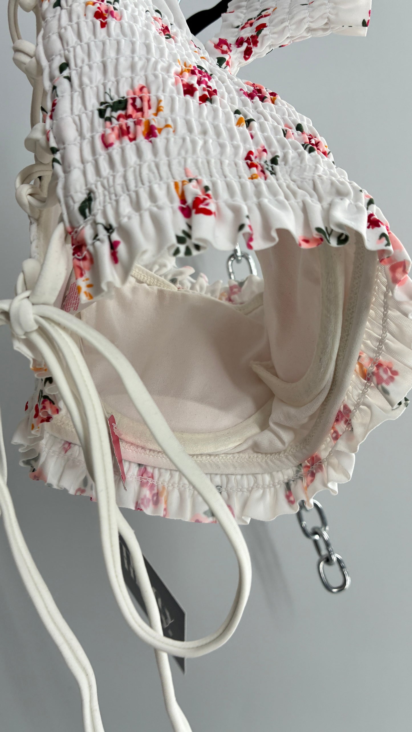 White Floral Smocked Off the Shoulder Underwire Swim Top with Tags Attached (Medium)