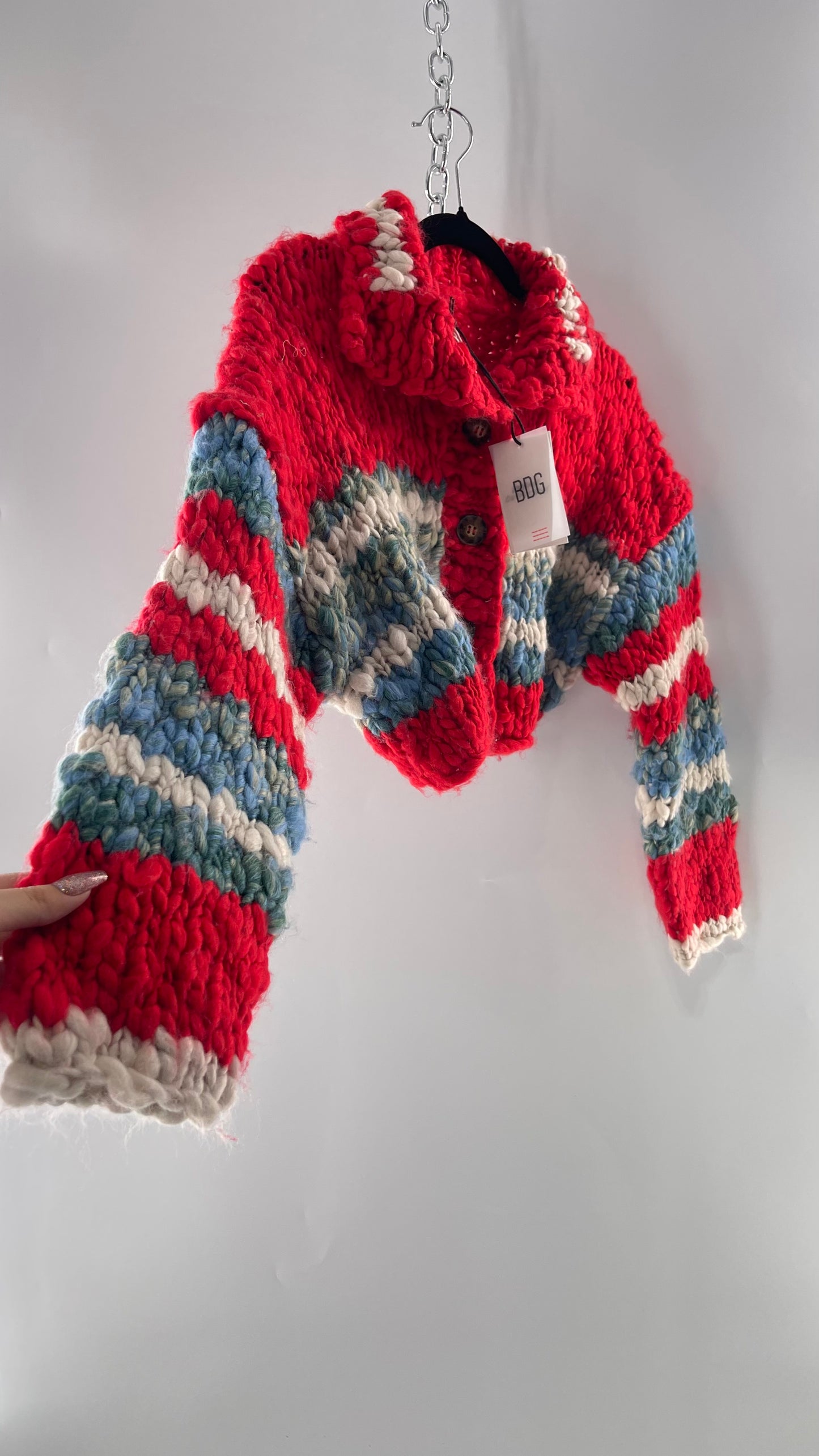 BDG Urban Outfitters Thick Knit Red White Blue Chunky Cropped Striped Cardigan (XS)