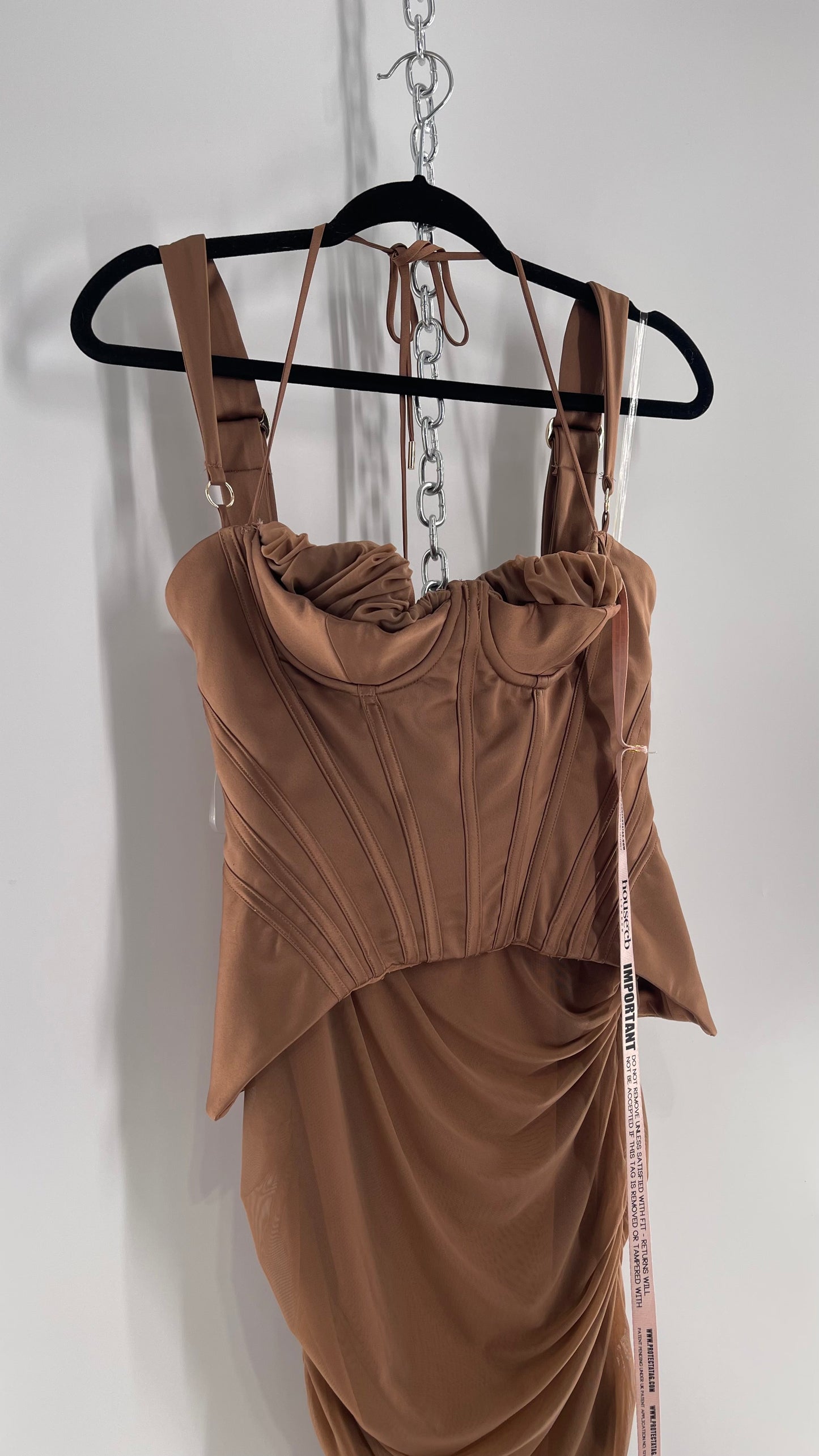 House of CB Talya Toffee Satin Corset Midi Dress with Ruched Skirt (Medium)