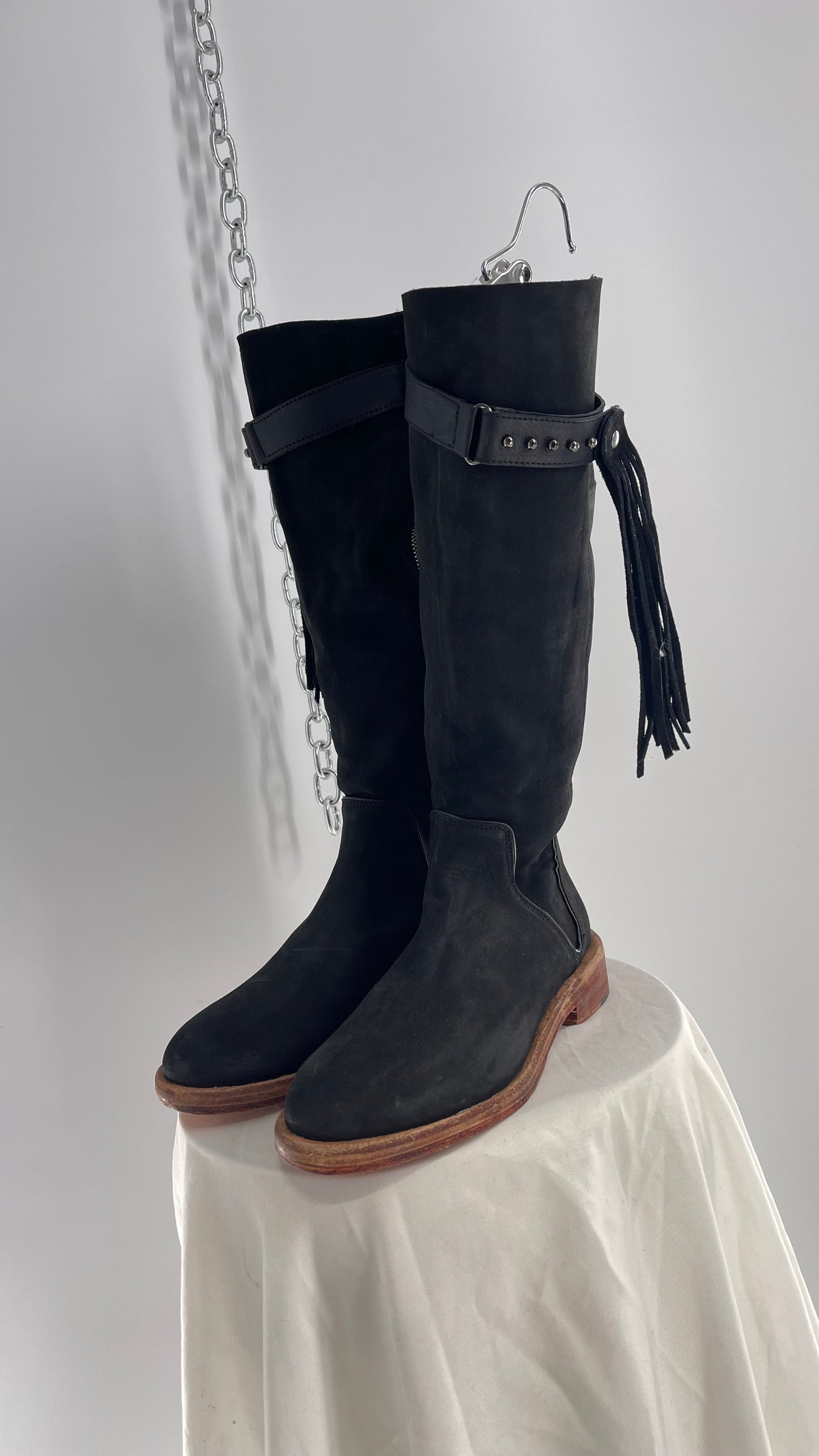 Free People Sayre Banks Slouchy Black Suede Leather Knee High Tassel Side Buckle Boot (38)