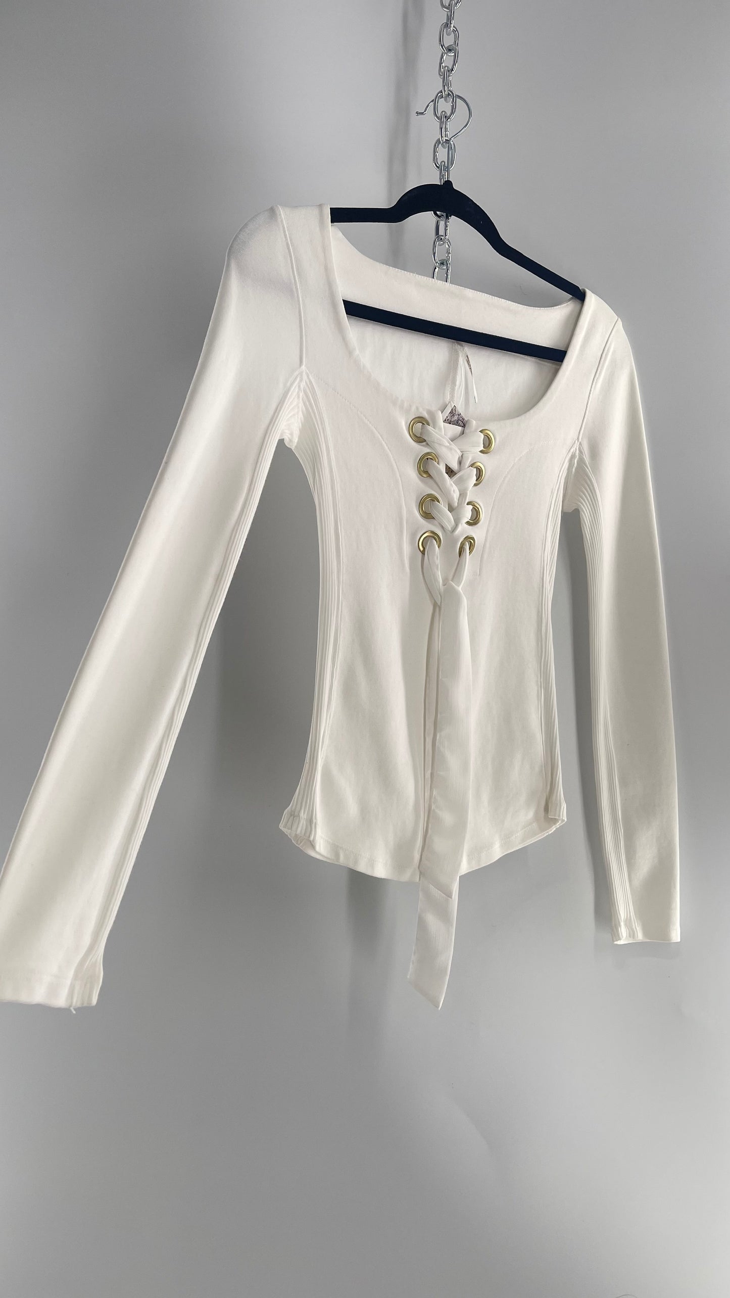 Free People White Lace Up Long Sleeve with Gold Grommets (XS)