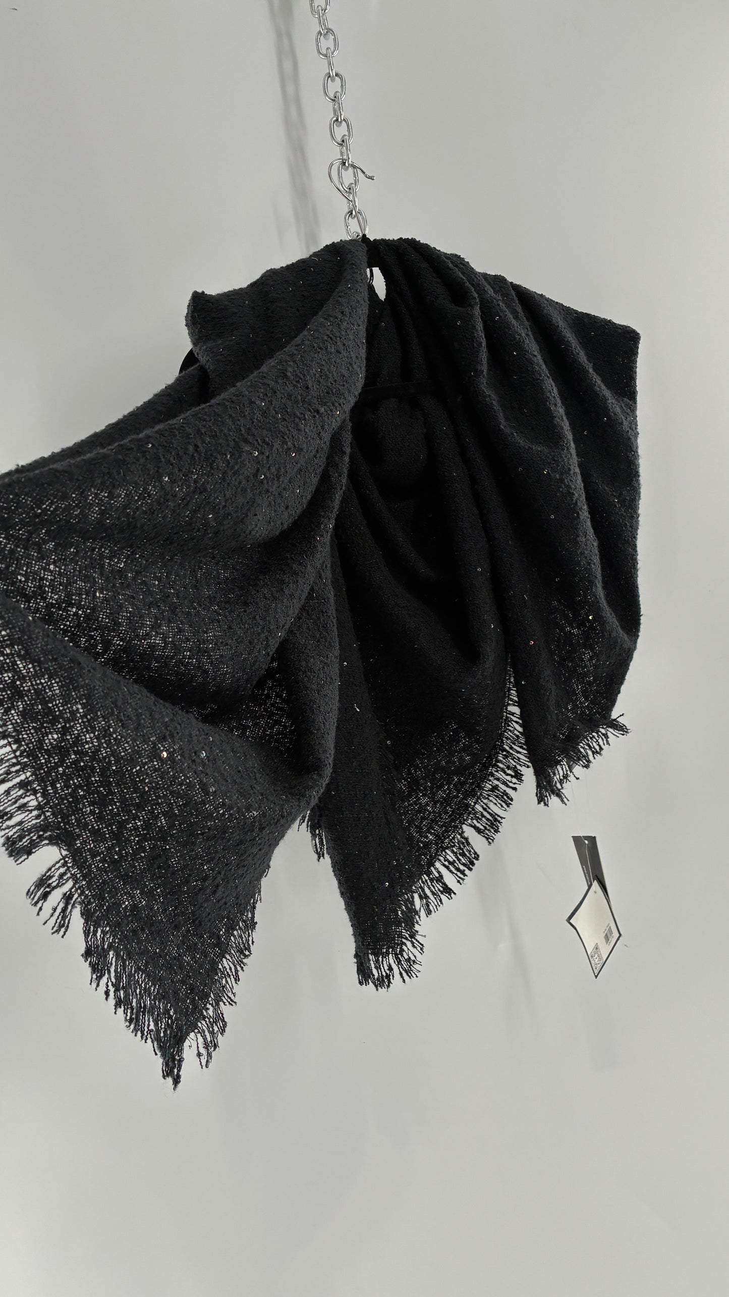 Vintage Marcus Adler Black Fringed Scarf with Iridescent Sequins and Tags