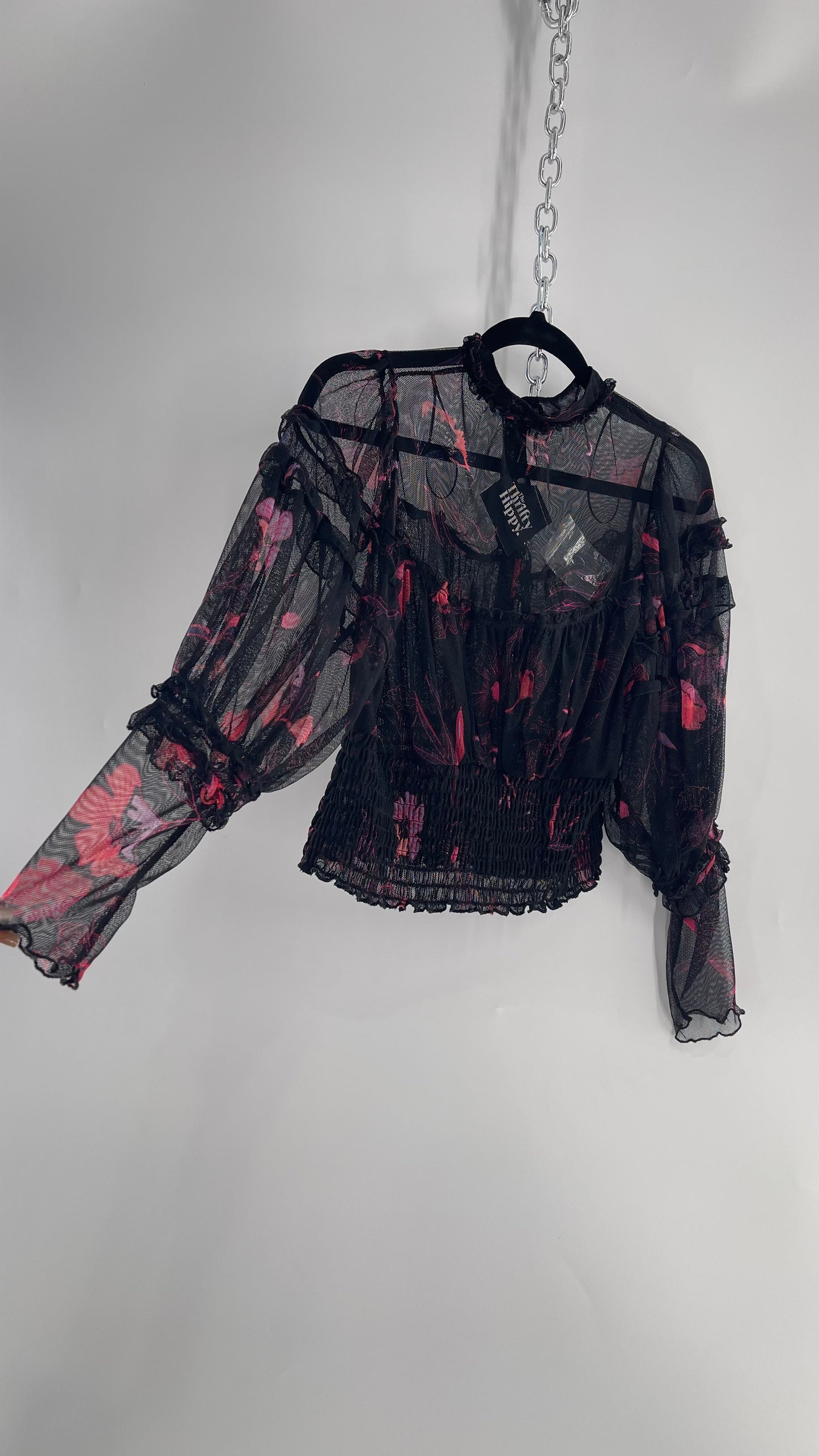 Free People Black Mesh Top with Smocked Waist, Buttoning and Contrasting Florals (Medium)