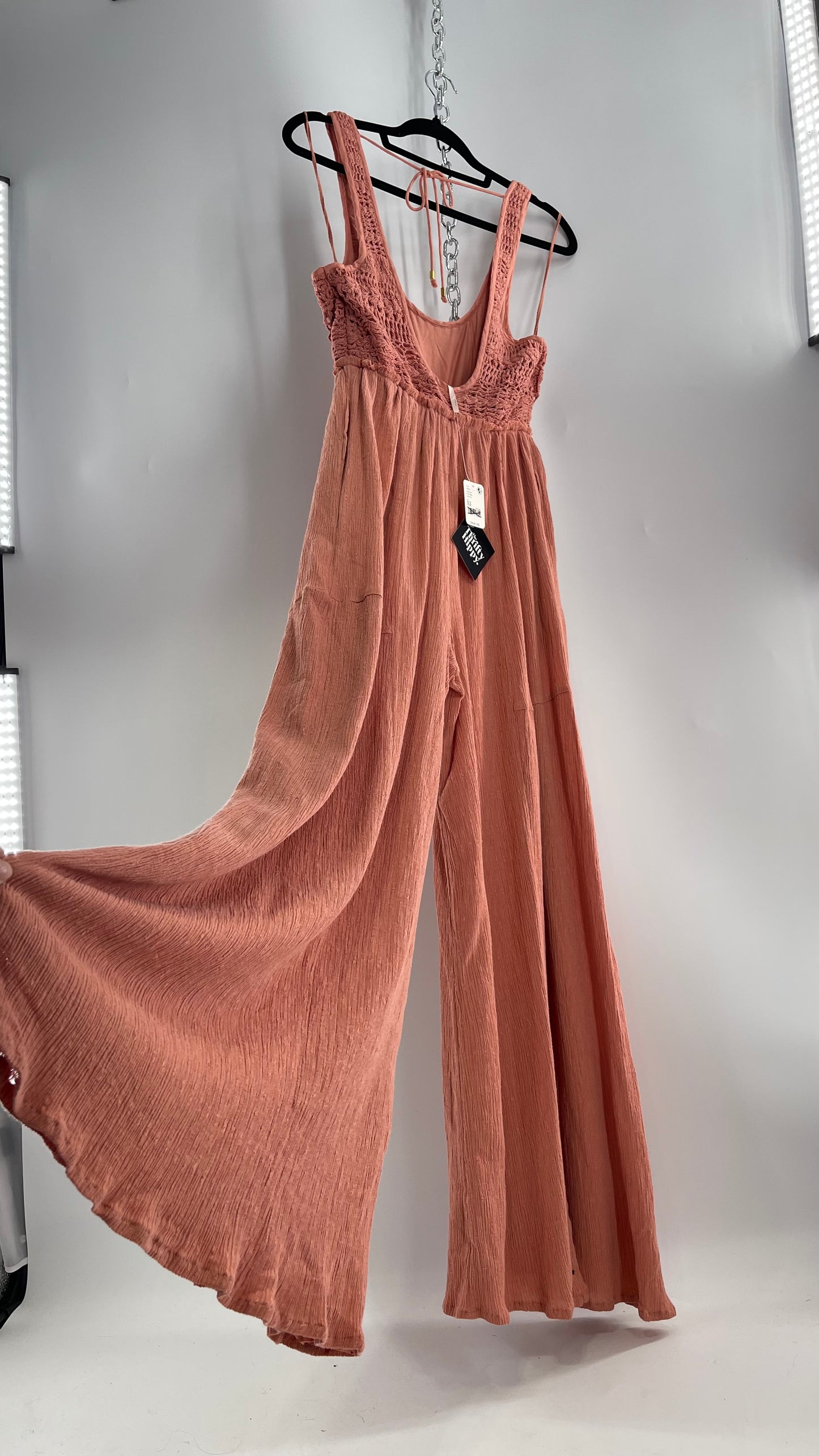 Free People Rose/Peach Pink Wide Leg Jumpsuit with Crochet Bust and Tags Attached (XS)