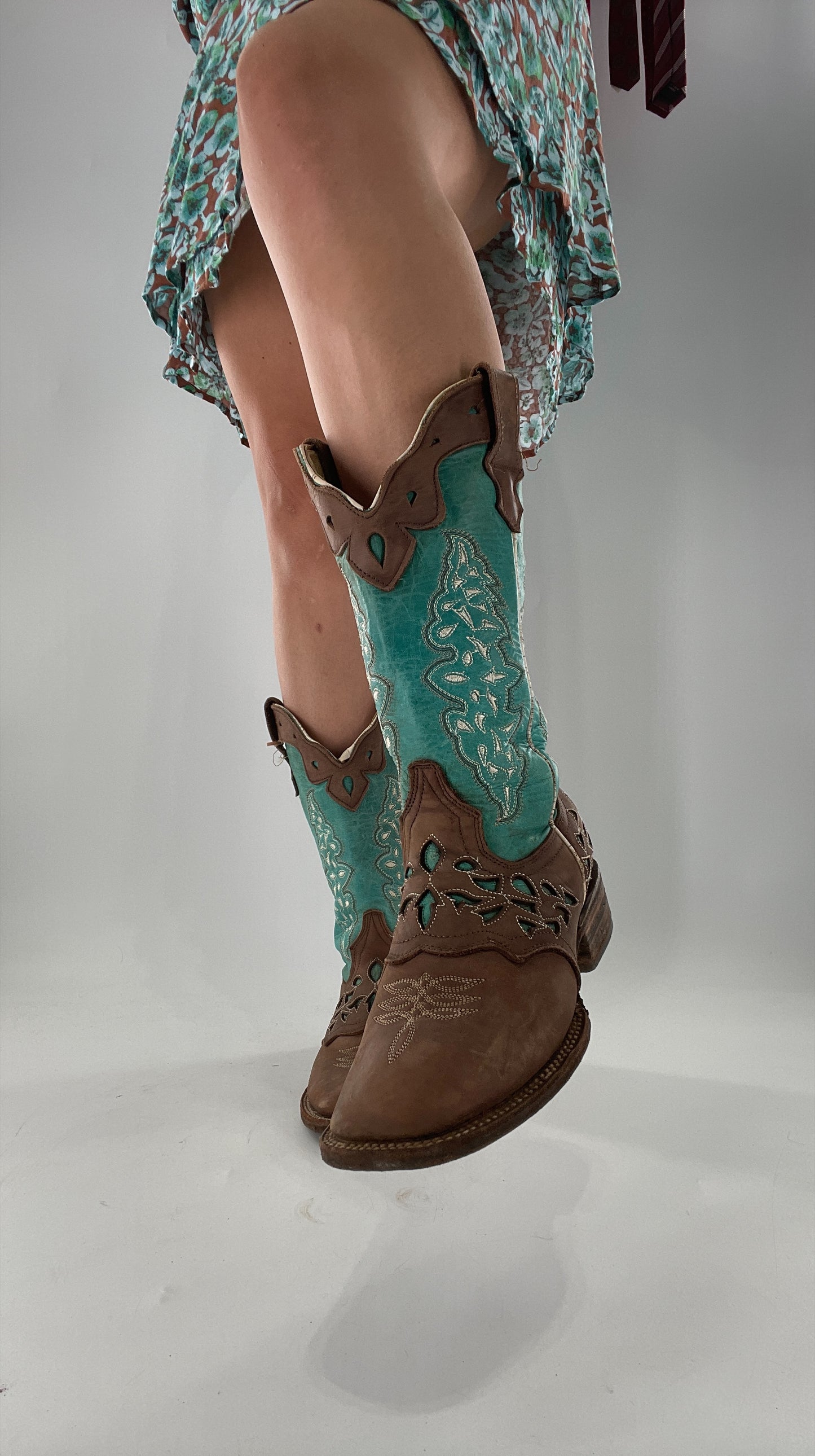 Porto Rebelde Turquoise Blue and Brown Leather Lazer Cut Embroidered Boots (6.5)