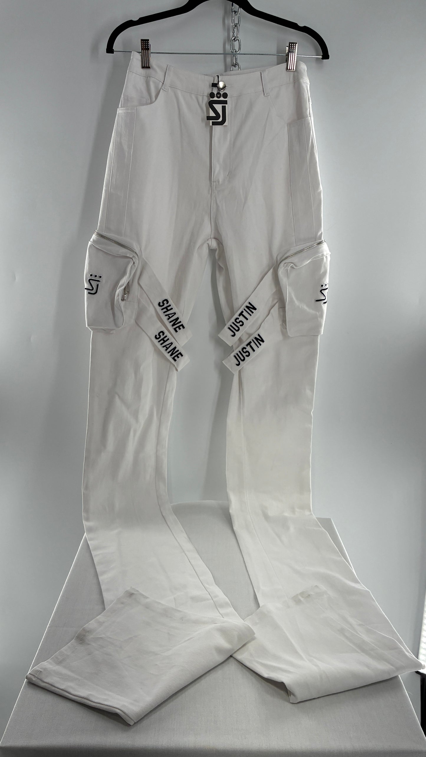 Designer SHANE JUSTIN White Stacked Extendo Cargo Pants with Embroidered Logo Pants and Tags Attached (Small)