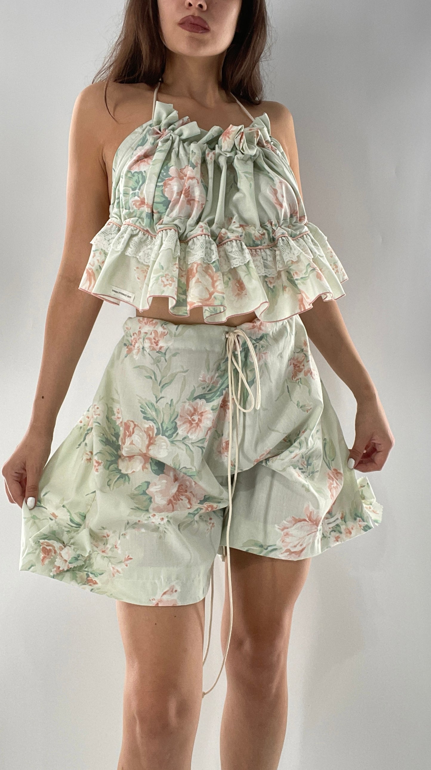 Vintage 2 Piece Bloomers and Babydoll Blouse Set Covered in Delicate Florals, Ruffles, Bows and Lace (One Size)