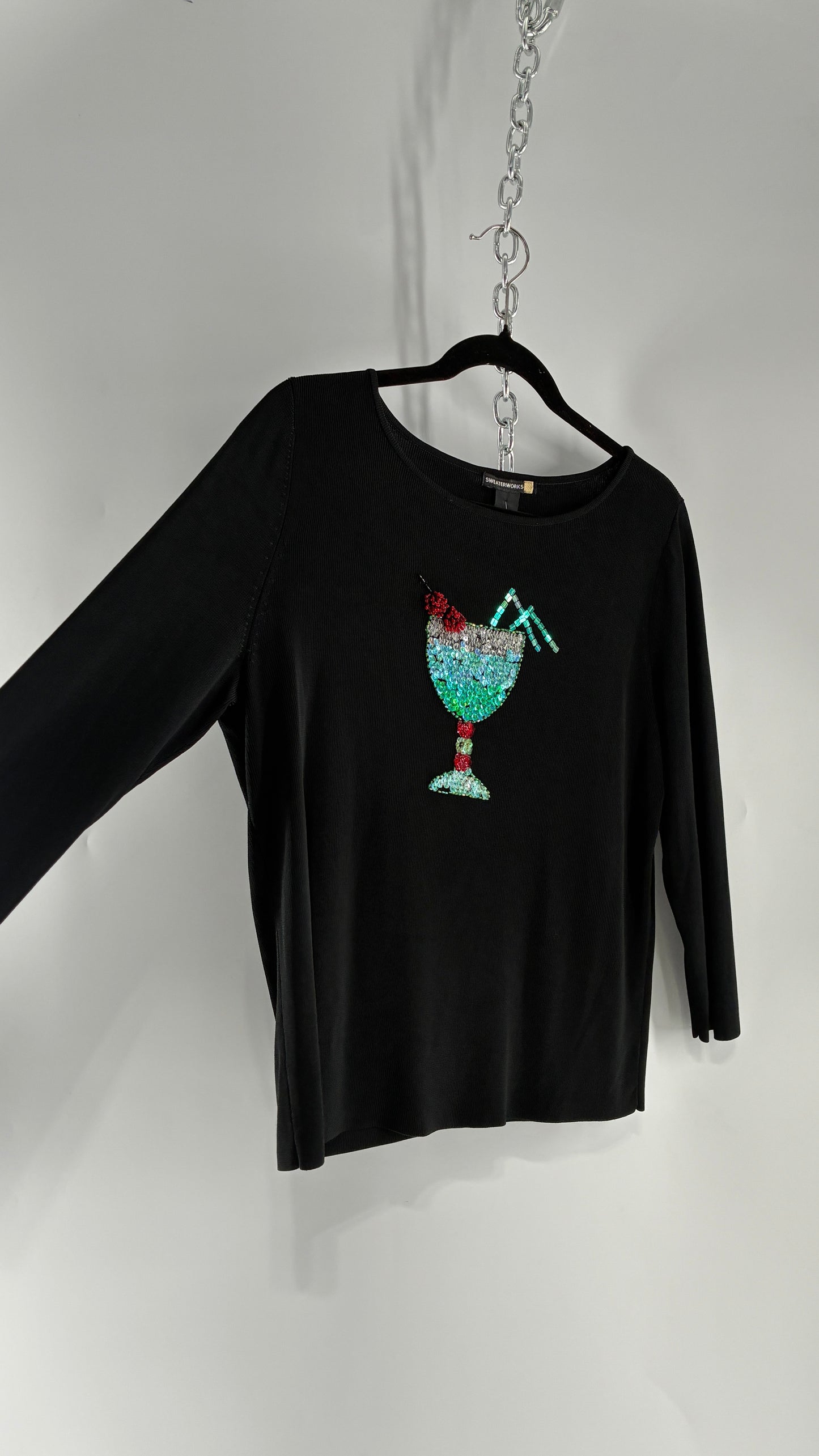 Vintage SWEATERWORKS Margarita Black Knit Top with Beaded and Embroidered Drink (Large)