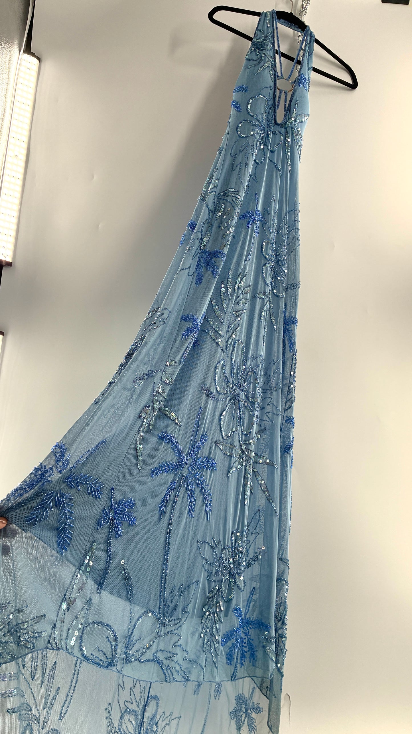 Vintage 1990s Powder Blue Gown Covered in Beaded Appliqué Tropical Designs with Strappy Bust and Low, Open Back (S/M, stretchy no size marked)
