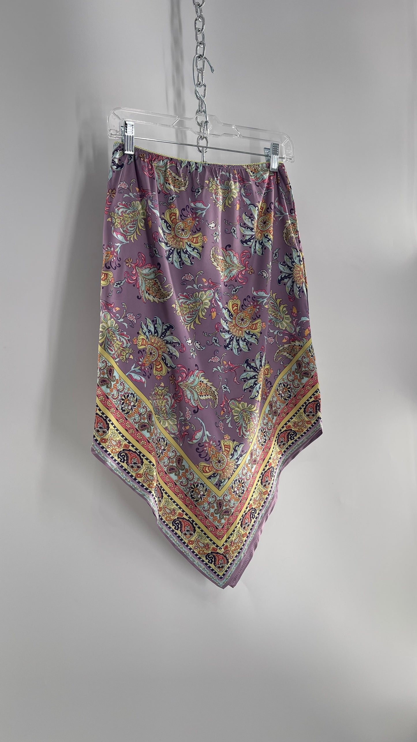 Urban Outfitters Lavender Satin Paisley Handkerchief Hem Skirt with Light Green Ribbon Waistline (Small)