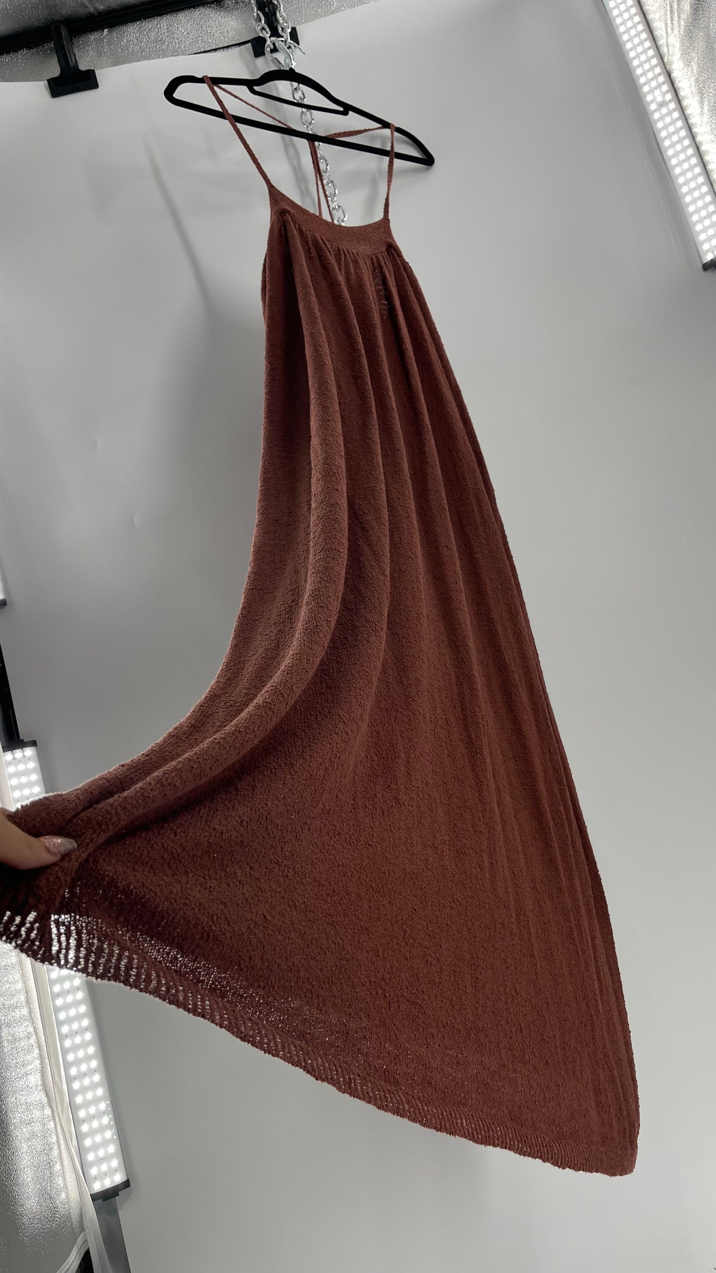 Free People Slinky Textured Brown Knit Full Length Dress (Small)