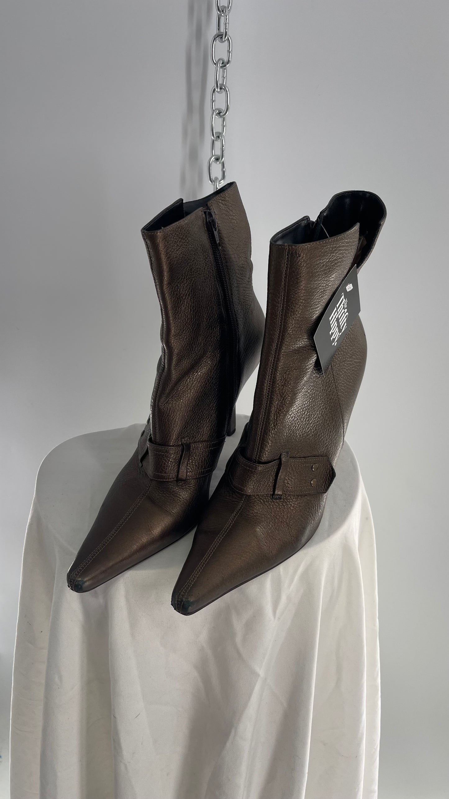Vintage GIANNI Metallic Bronze Pointed Toe Buckle Strap Boots Made in Brazil (38)
