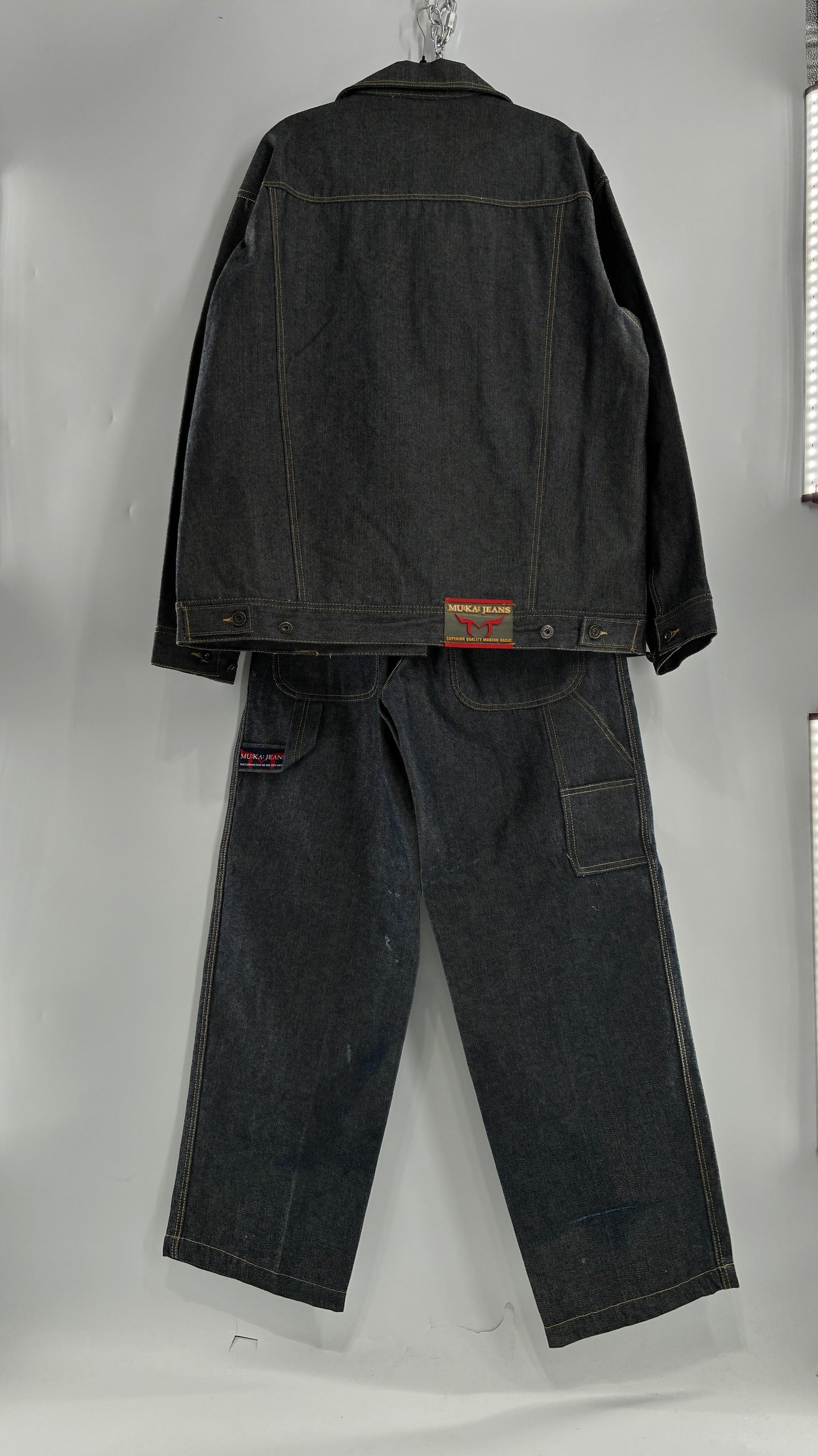 Vintage 1990s MU:KA: JEANS Men’s Dark Wash Japanese Style Denim Baggy Straight Legs and Oversized Jacket Set (L, 32x32)