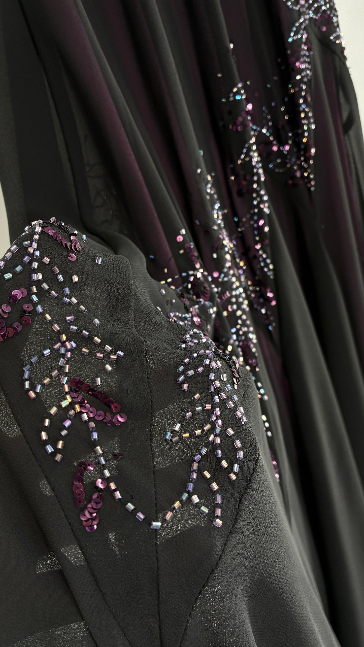 Vintage XSCAPE Full Length Black Beaded Gown with Purple Underlay (4)