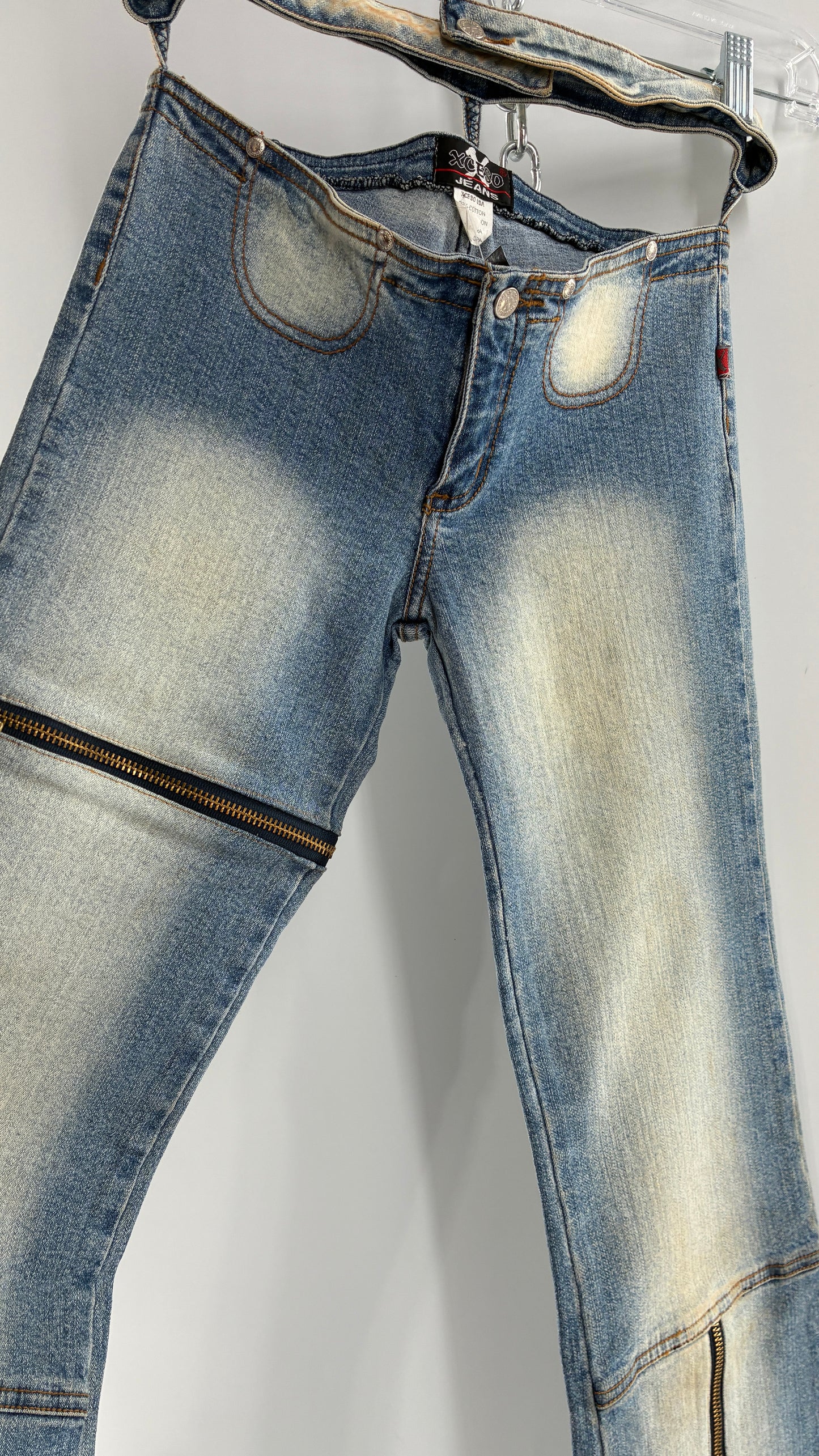 Vintage XCESO JEANS Rare Faded Double Waistband Kickflare Jeans with Functional Zipper Details (Medium*)