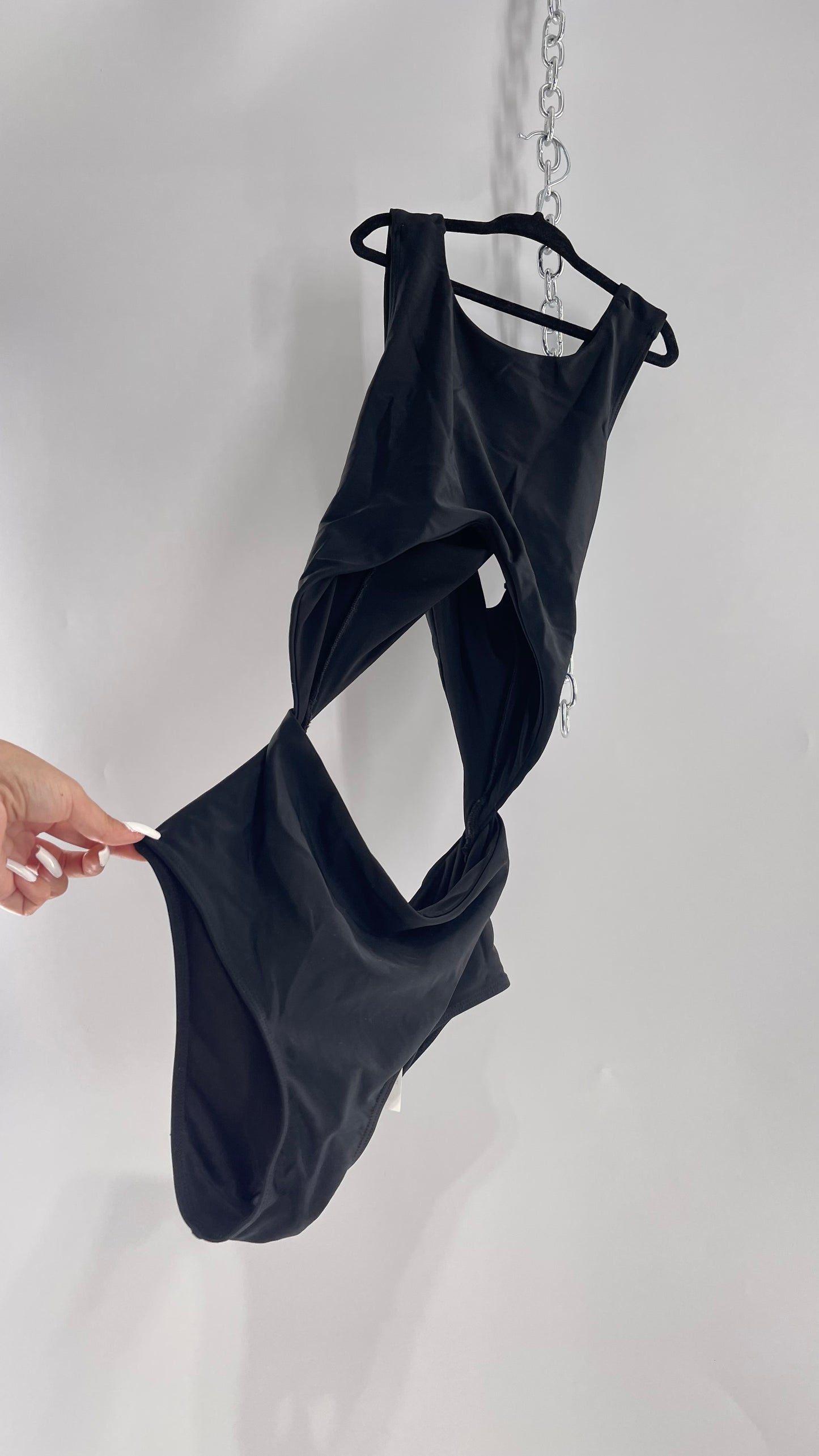 Lolli Swim Black Swimsuit with High Neck, Cross Over Back and Cut Outs (Medium)