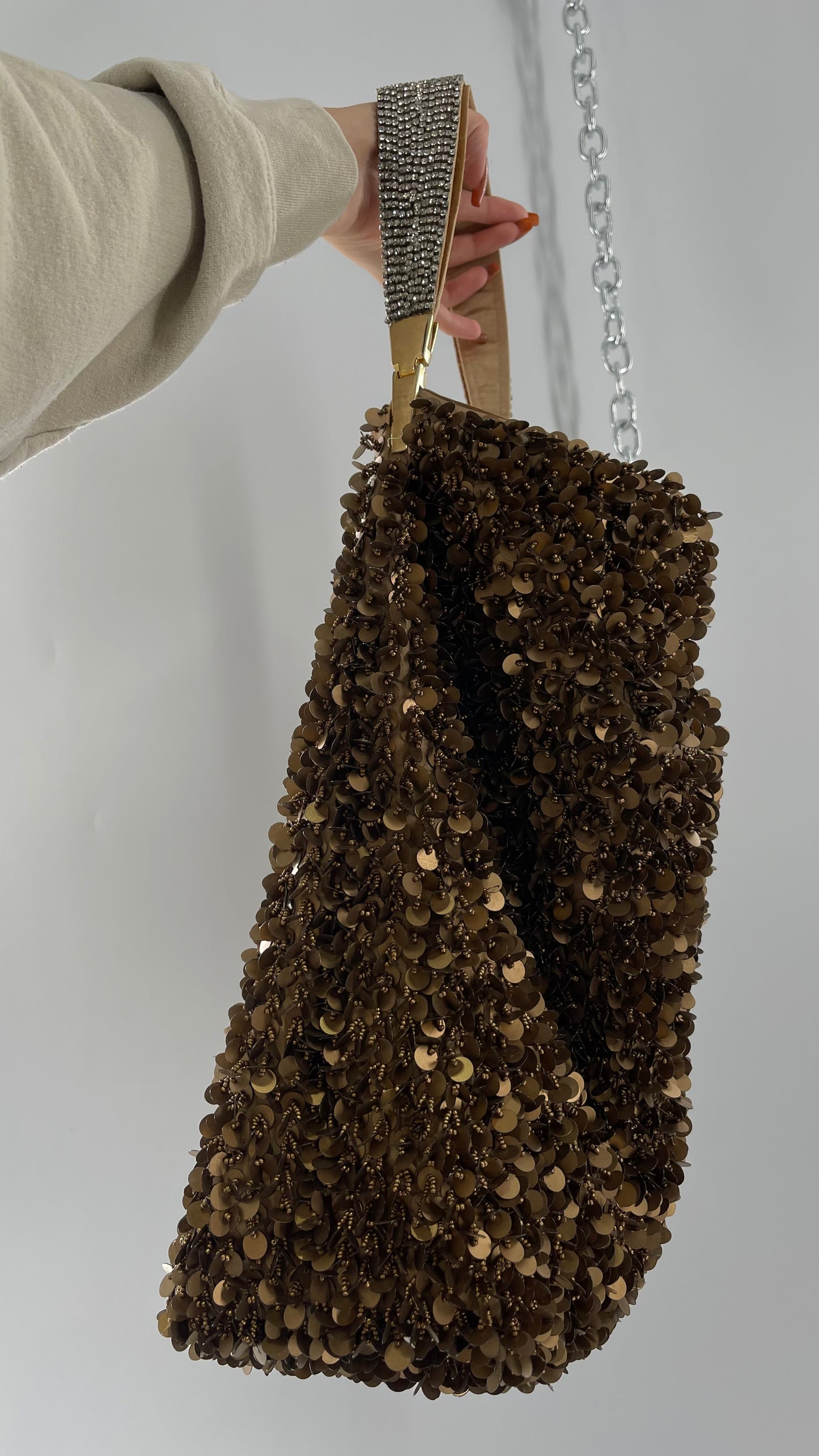 Deadstock The Find Marvelous Bronze Beaded Sequin Tote Bag with Gemstone Strap