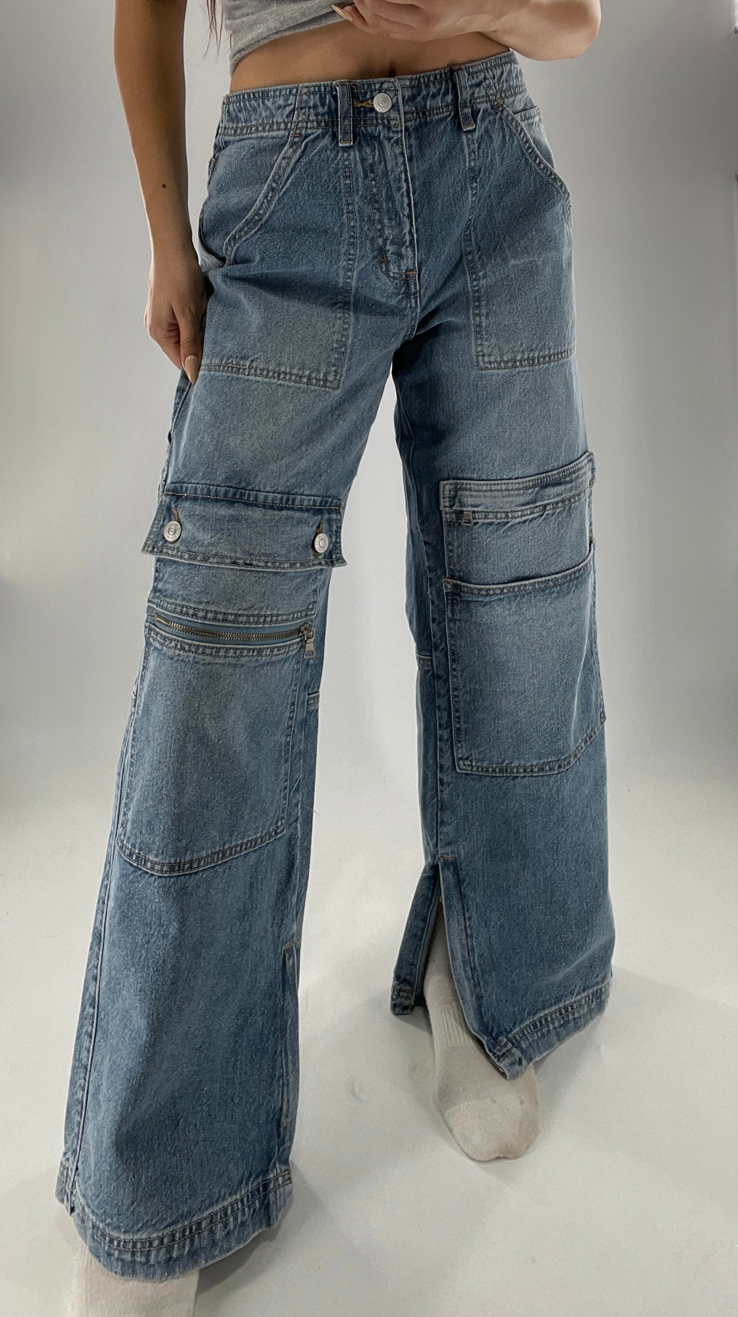 Free People Wide Leg Cargo Jeans Covered in Pockets, Zippers and stitching (27)