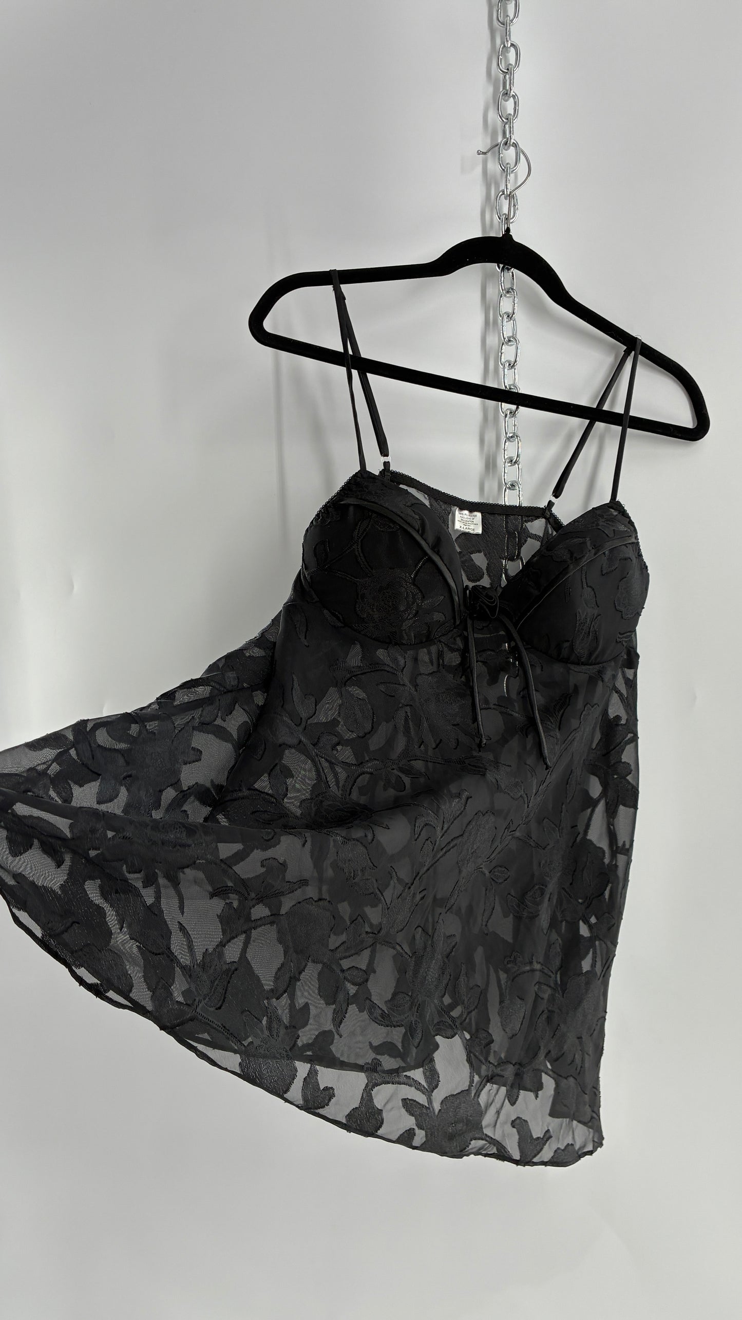 Vintage Black Floral Babydoll Camisole with Rosette Bust