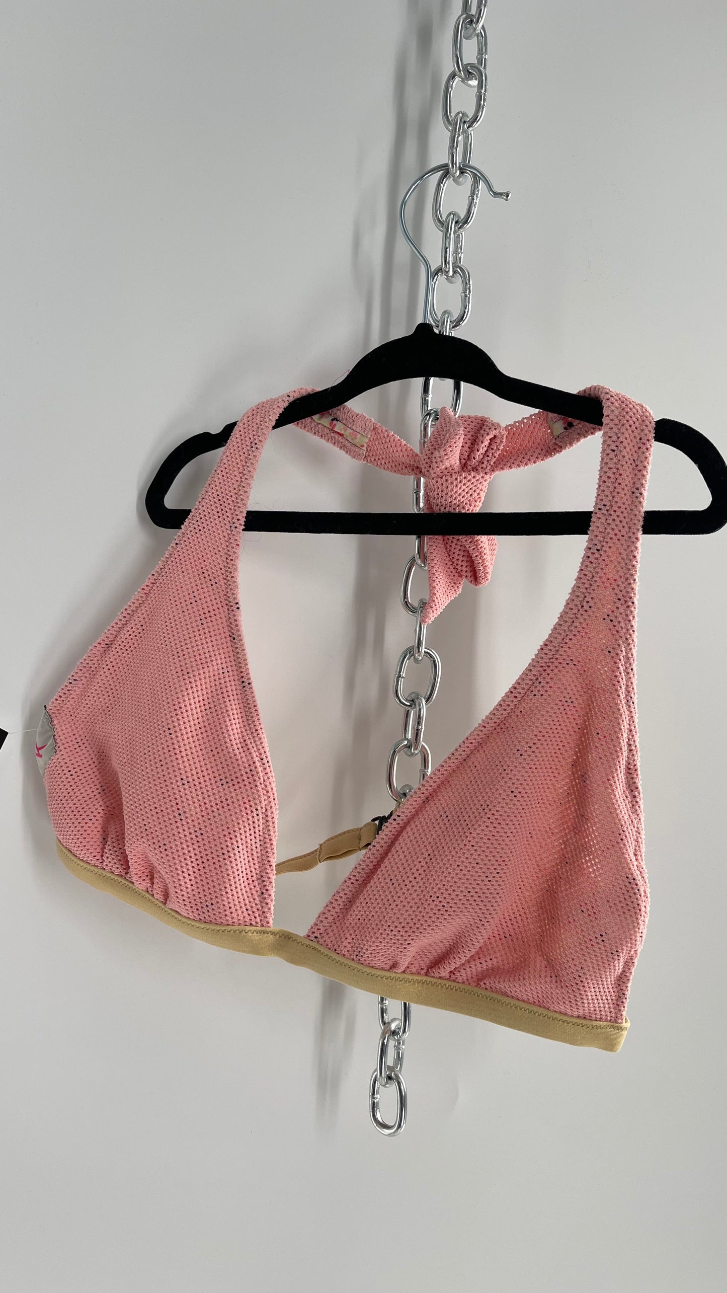 K ti per te Pink Floral and Mesh Halter Swim Top with Gold Glitter Strap (Medium)