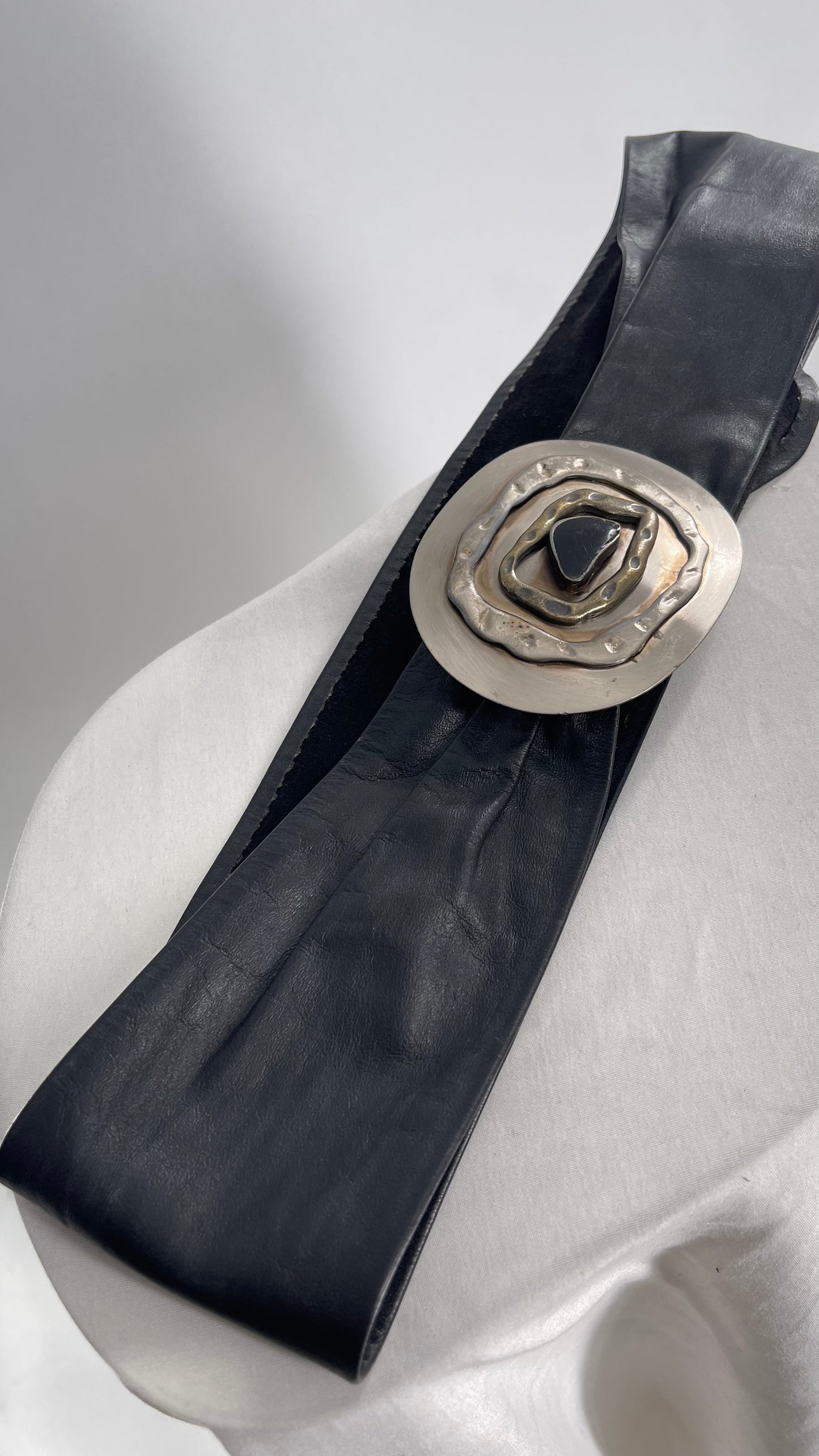Miss Ashley Black Leather Belt with Silver Medallion Buckle (Small)