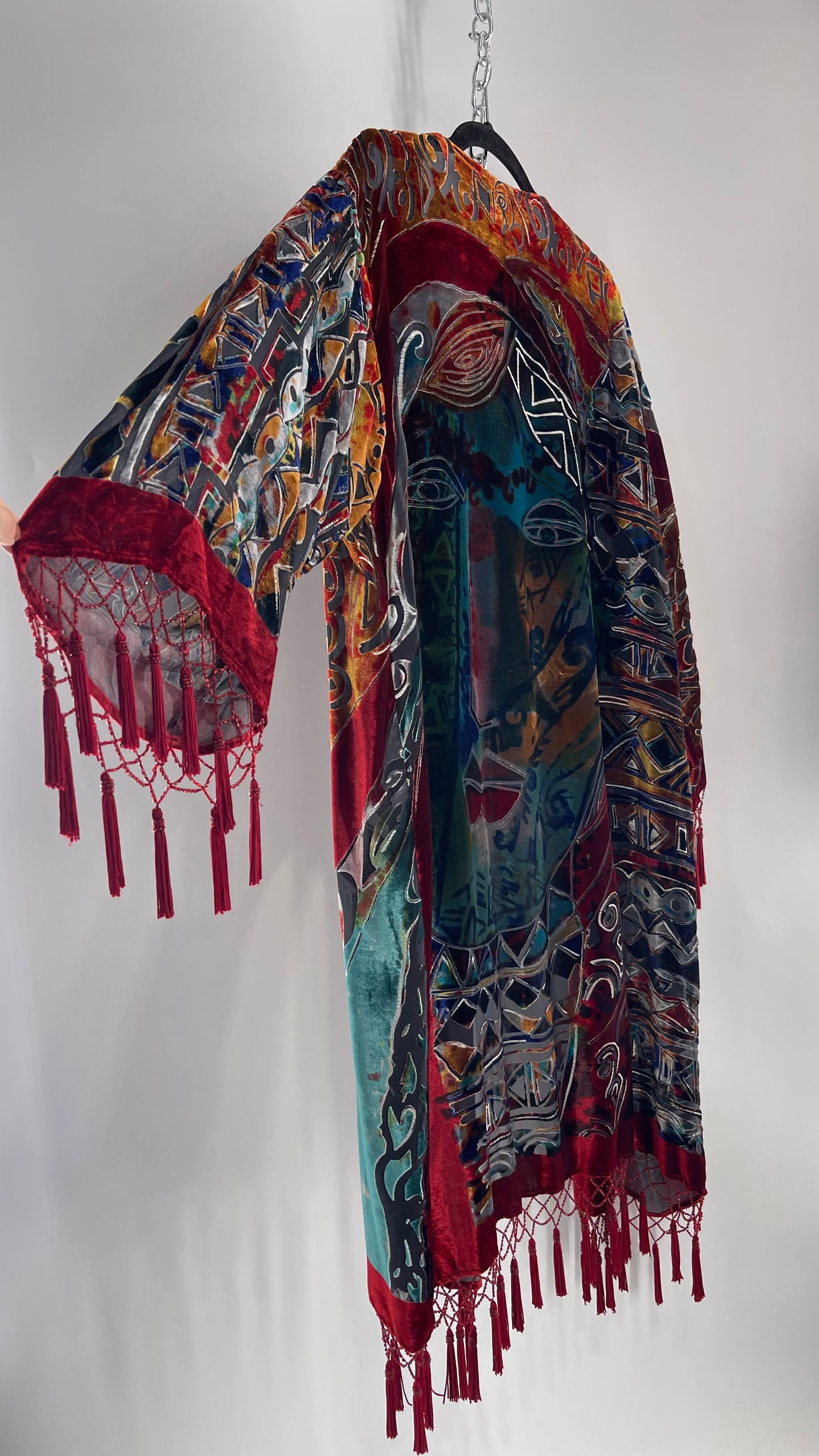 Vintage Burnout Buddhist Motif Velvet/Velour Beaded Fringe Duster Coat/Kimono with Tassel Sleeves and Hems (M/L)