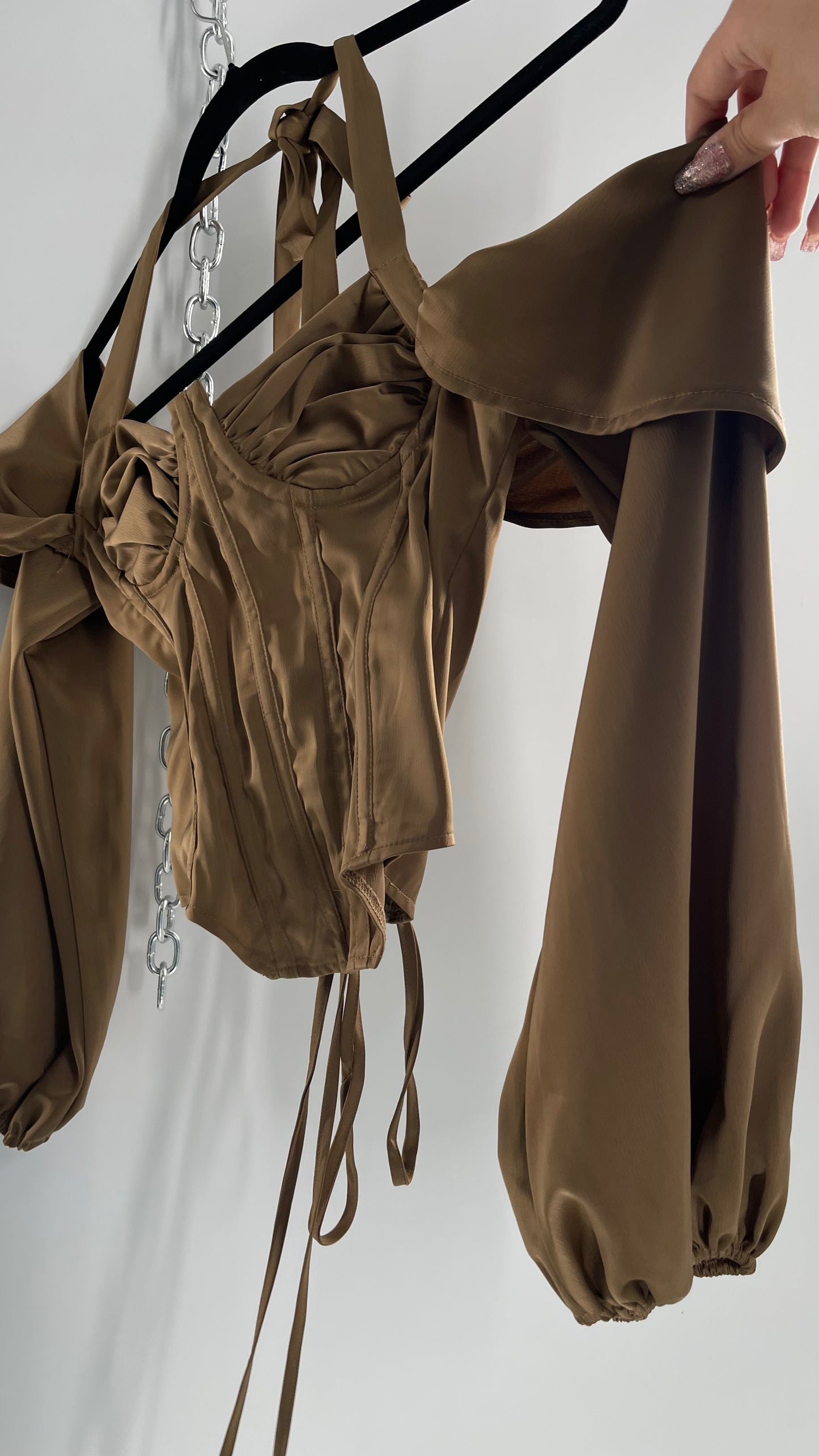 Pretty Little Thing Tan/Gold Corset Blouse with Draped Shoulders, Balloon Sleeves, Halter Strap and Lace Up Back (4)