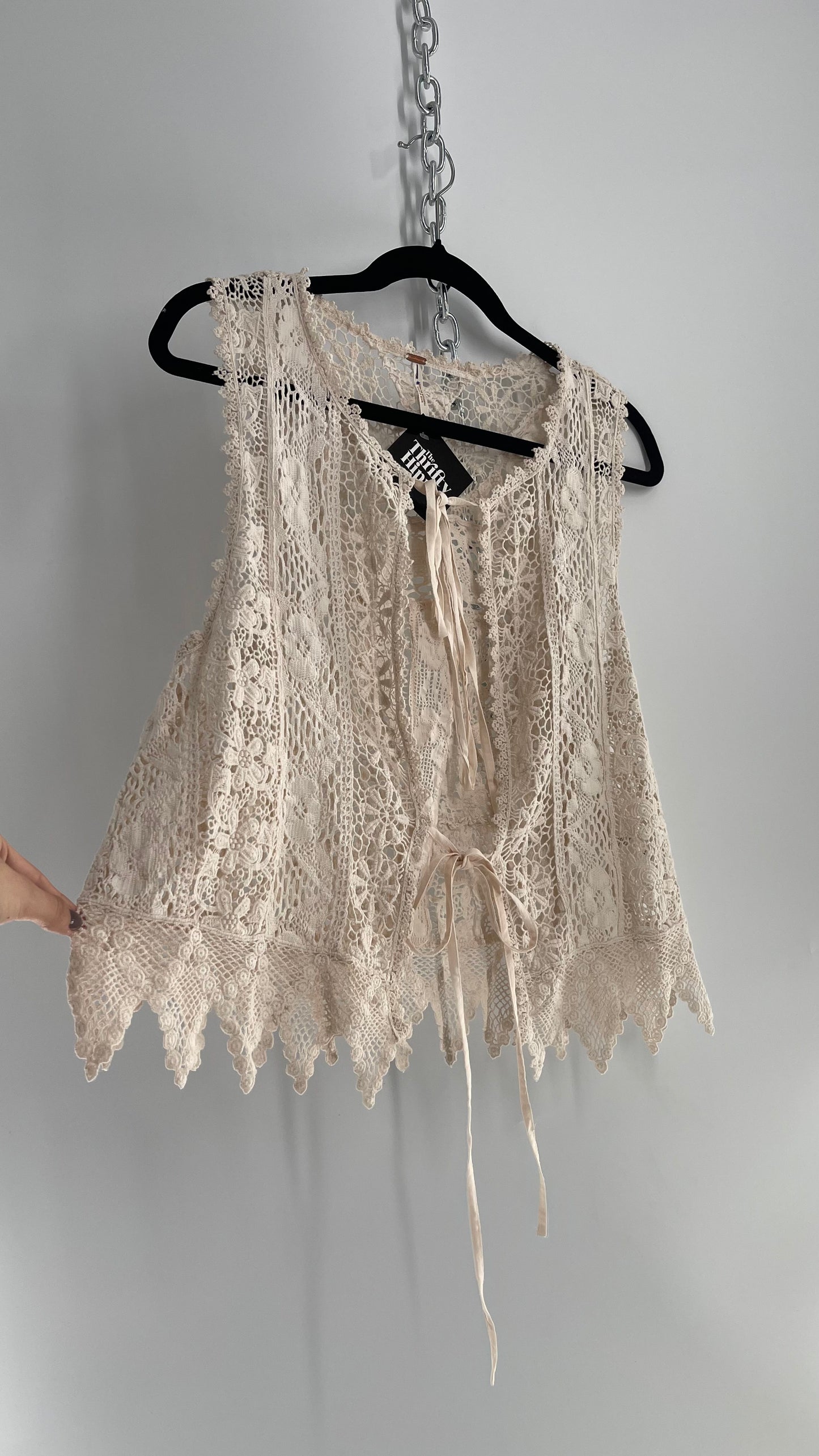 Free People Leah Off White Lace Crochet Vest/ Tie Bust Sleeveless Top (Medium)