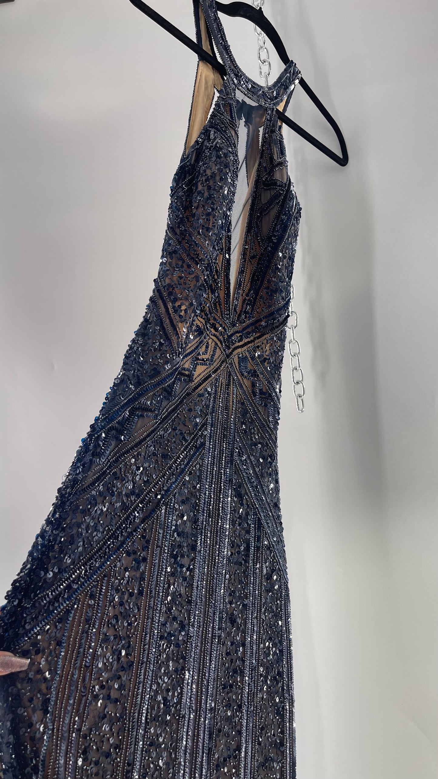 Vintage SCALA Navy Blue Beaded Floor Length Gown with Plunging Neckline, Backless Detail, and Tan Underlay (C)(4)
